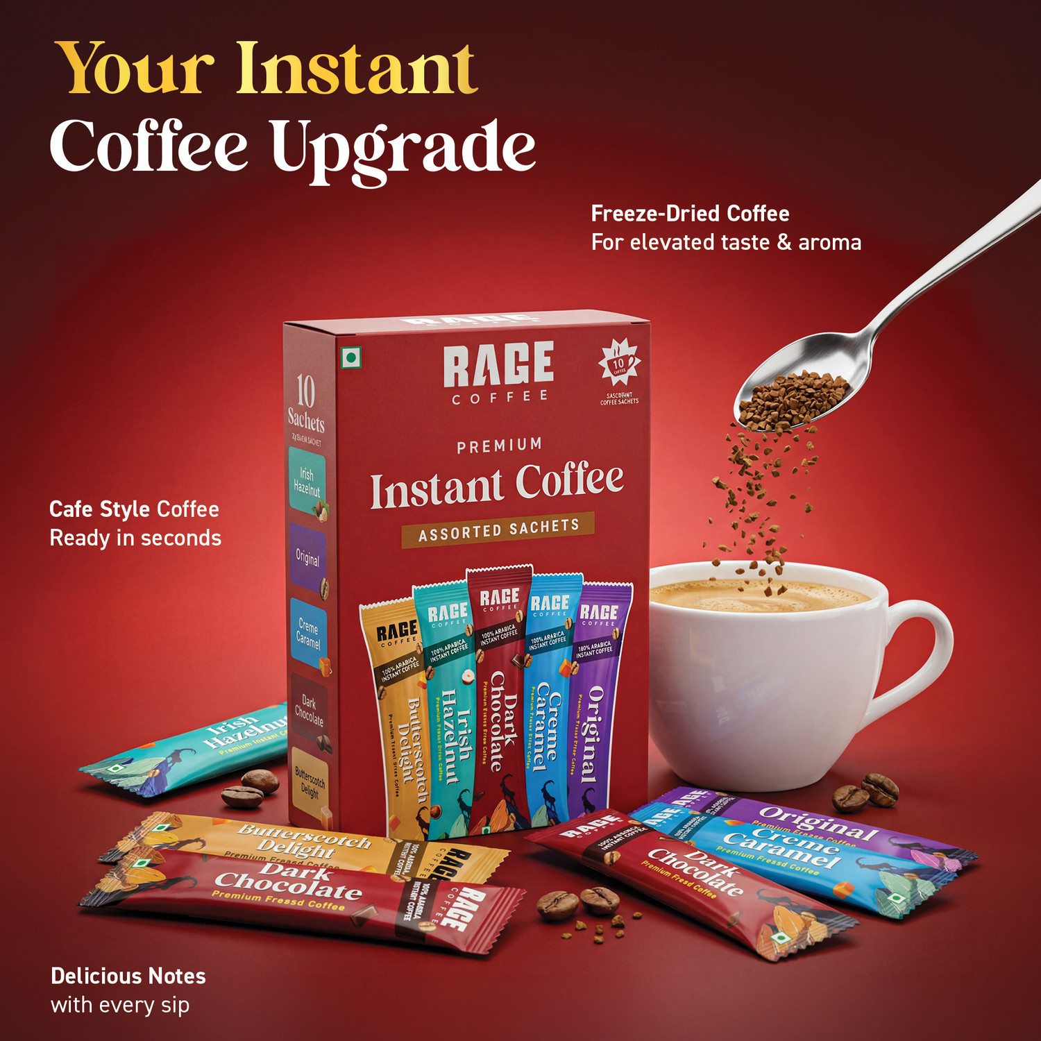 Image of RAGE Instant Coffee Sachets (Pack of 10) 2g Single-Serve | 5 Arabica Flavors Instant Coffee