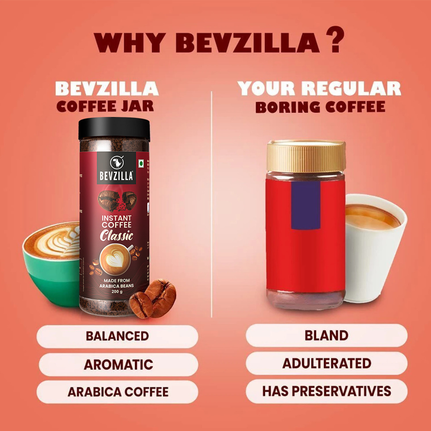 Image of Bevzilla Instant Coffee Powder Combo- 200g Premium Classic Strong & 200g Hazelnut Instant Coffee