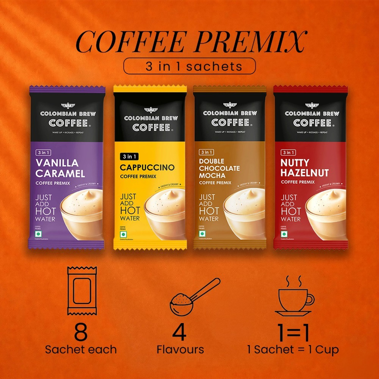 Image of Colombian Brew Assorted Instant Coffee Cafe Latte, Cappuccino, Hazelnut, Vanilla Caramel, Double Choco Mocha Instant Coffee