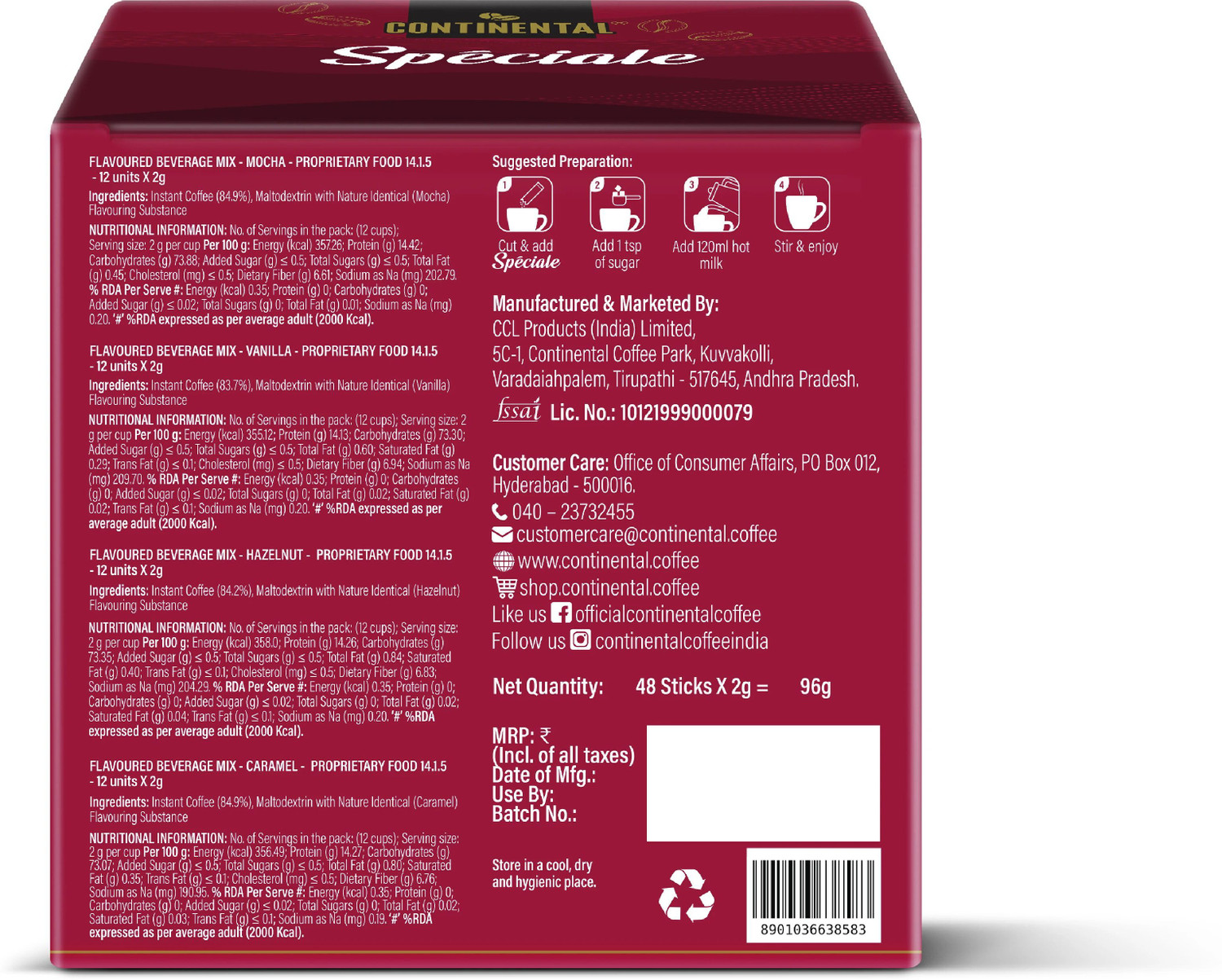 Image of Continental Speciale 96 Coffee Sachets | 4 Flavours - Hazelnut, Vanilla, Mocha, Caramel Instant Coffee