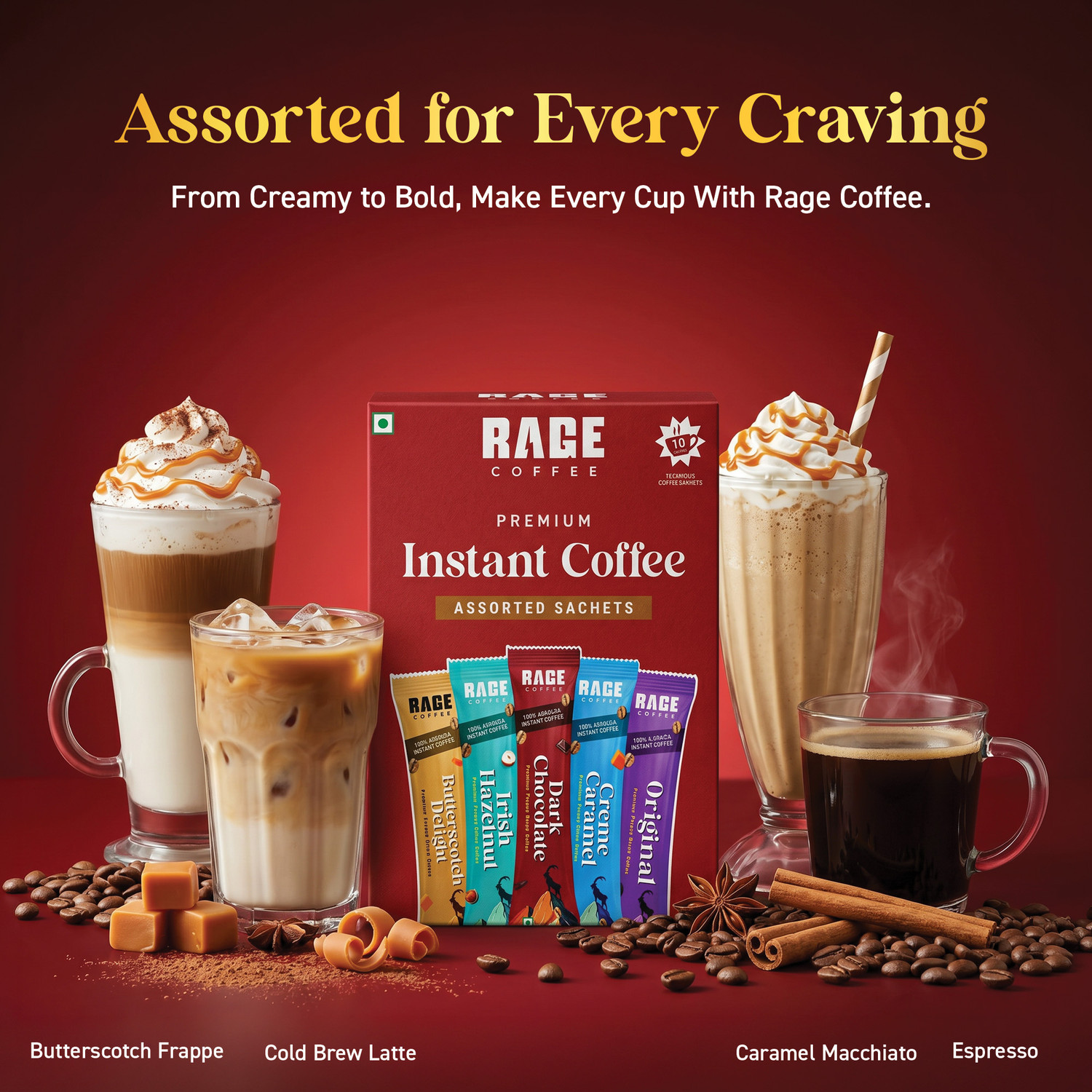 Image of RAGE Instant Coffee Sachets (Pack of 10) 2g Single-Serve | 5 Arabica Flavors Instant Coffee