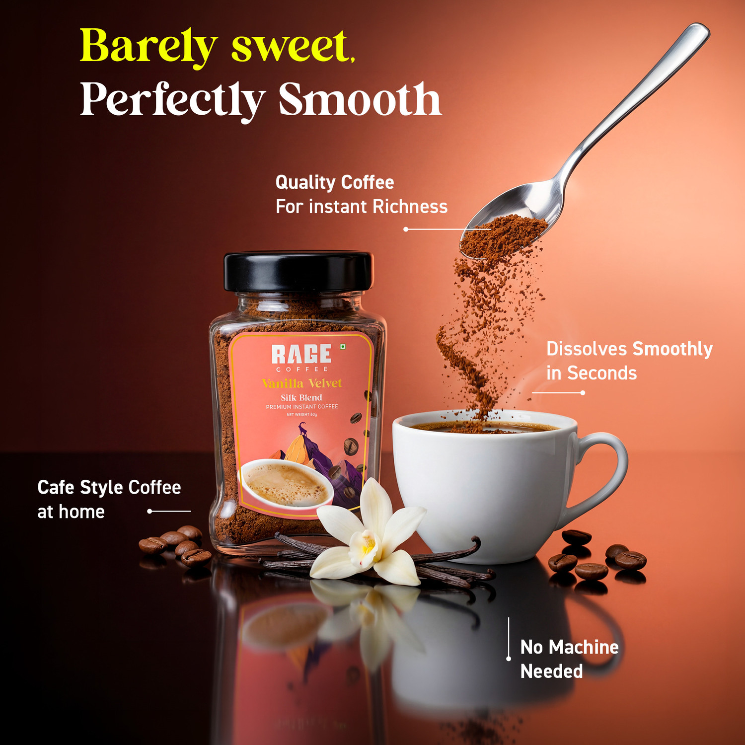 Image of RAGE Flavoured Instant Coffee | Vanilla Velvet Silk Blend 50 GMs | 100% Pure Coffee Instant Coffee