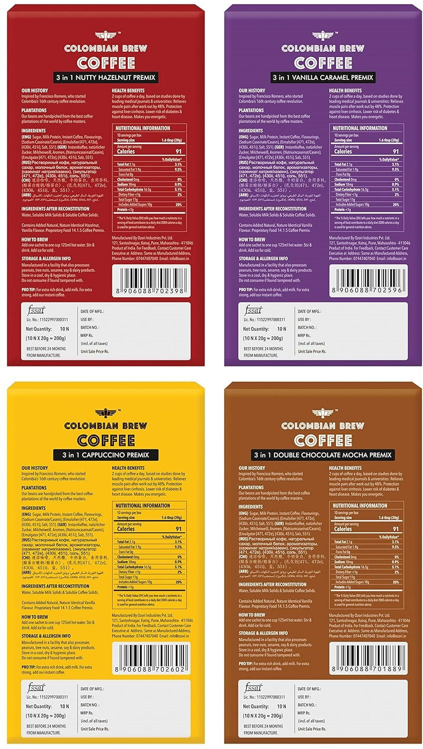 Image of Colombian Brew Assorted Instant Coffee Cafe Latte, Cappuccino, Hazelnut, Vanilla Caramel, Double Choco Mocha Instant Coffee