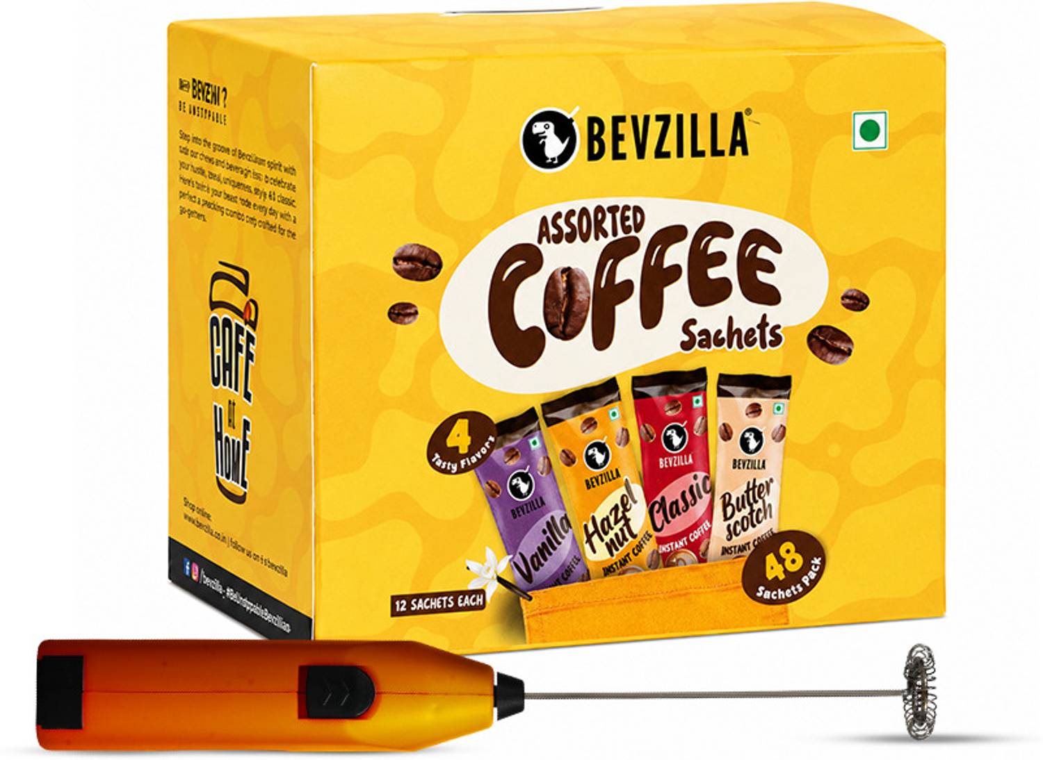 Bevzilla 48 Assorted Coffee Powder Sachet with Frother |Café Coffee Kit Instant Coffee