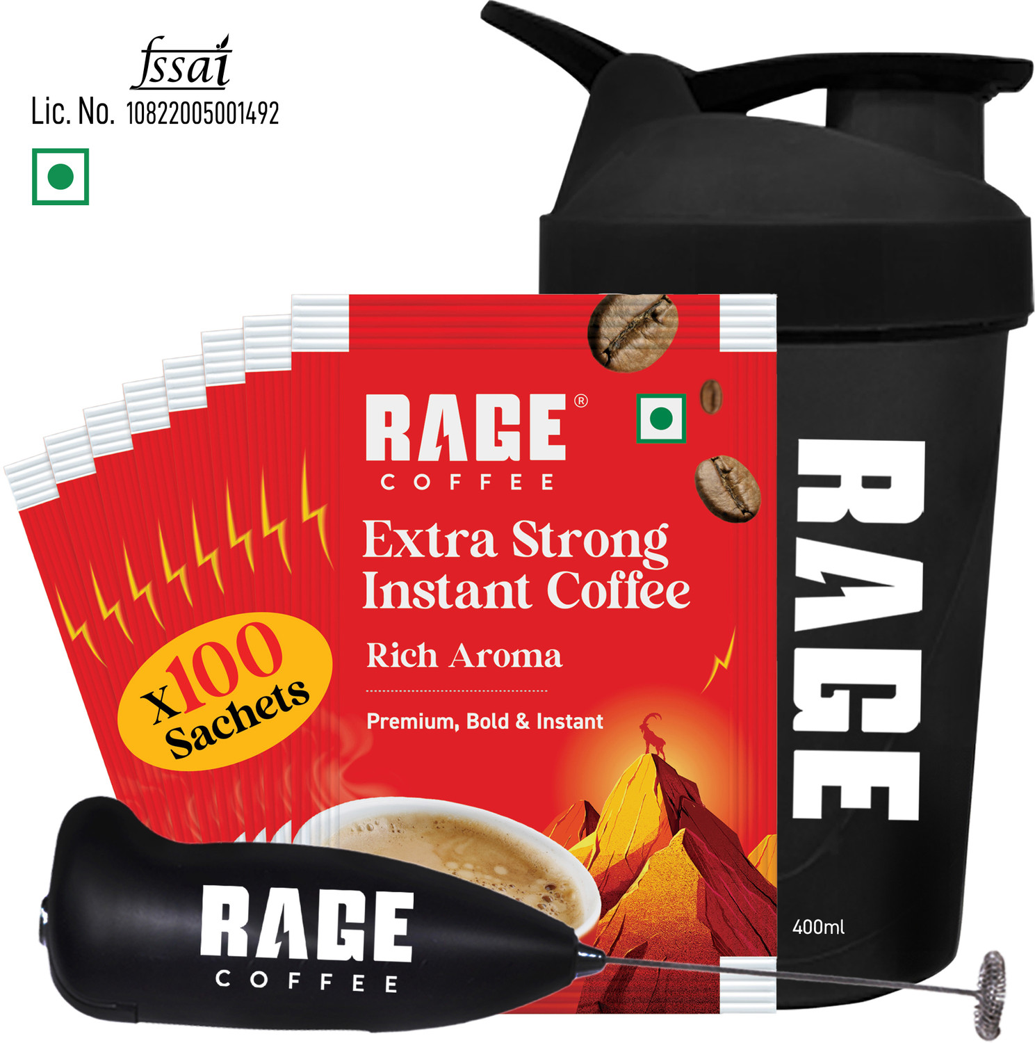 Image of RAGE Extra Strong Premium Blend Coffee Pack of 100+Multipurpose Shaker 450 ml+Frother Instant Coffee