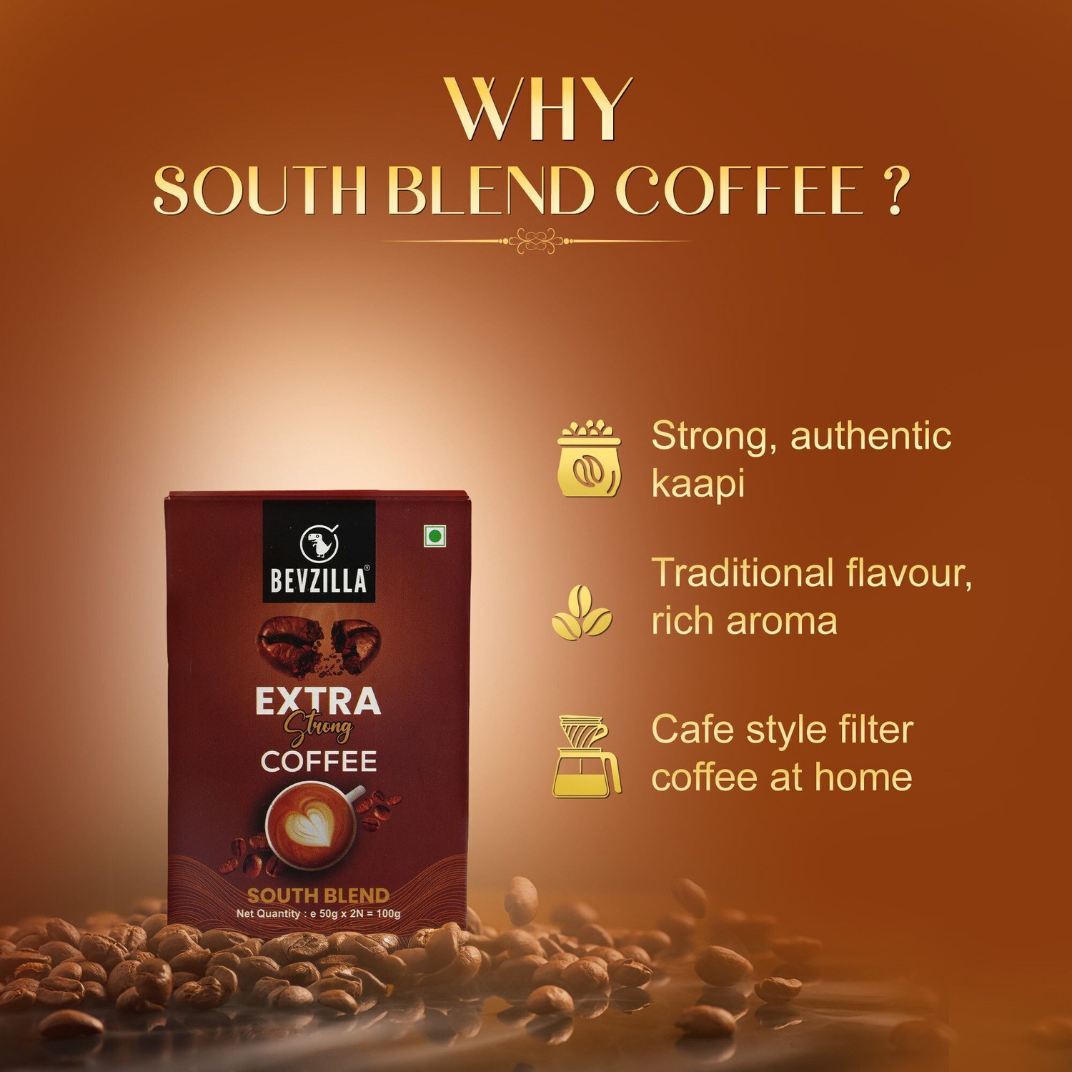 Image of Bevzilla Instant Filter Coffee Powder-South Blend | 70% Coffee,30% Chicory | Extra Strong Instant Coffee