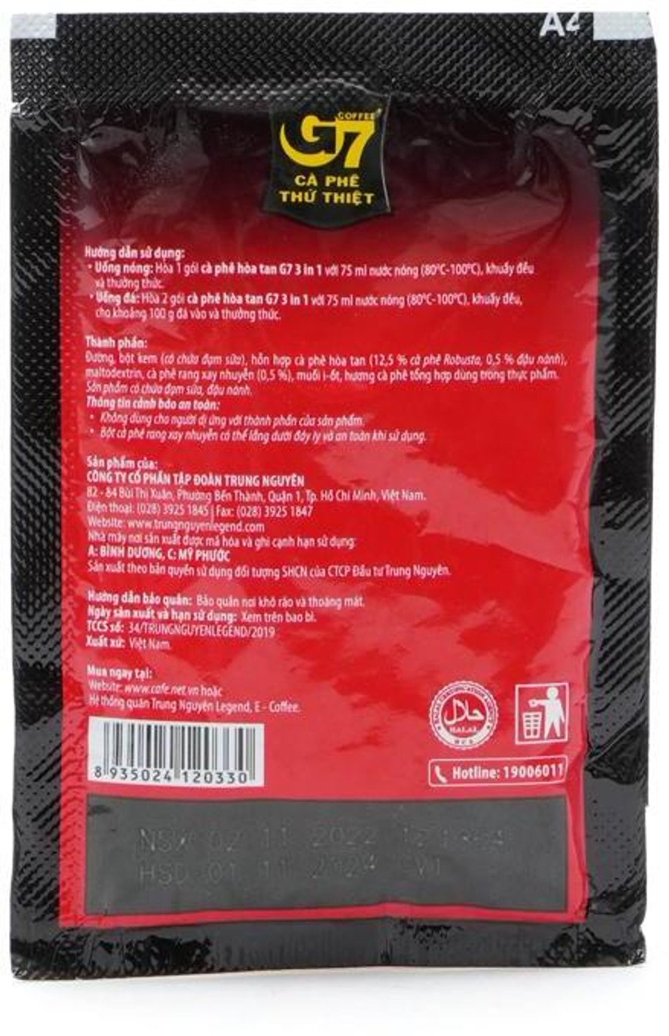 Image of Trung Nguyen G7 3-In-1 Instant Coffee Ground, Bag, 50 Sachets*16G=800G - Ground, Bag Instant Coffee