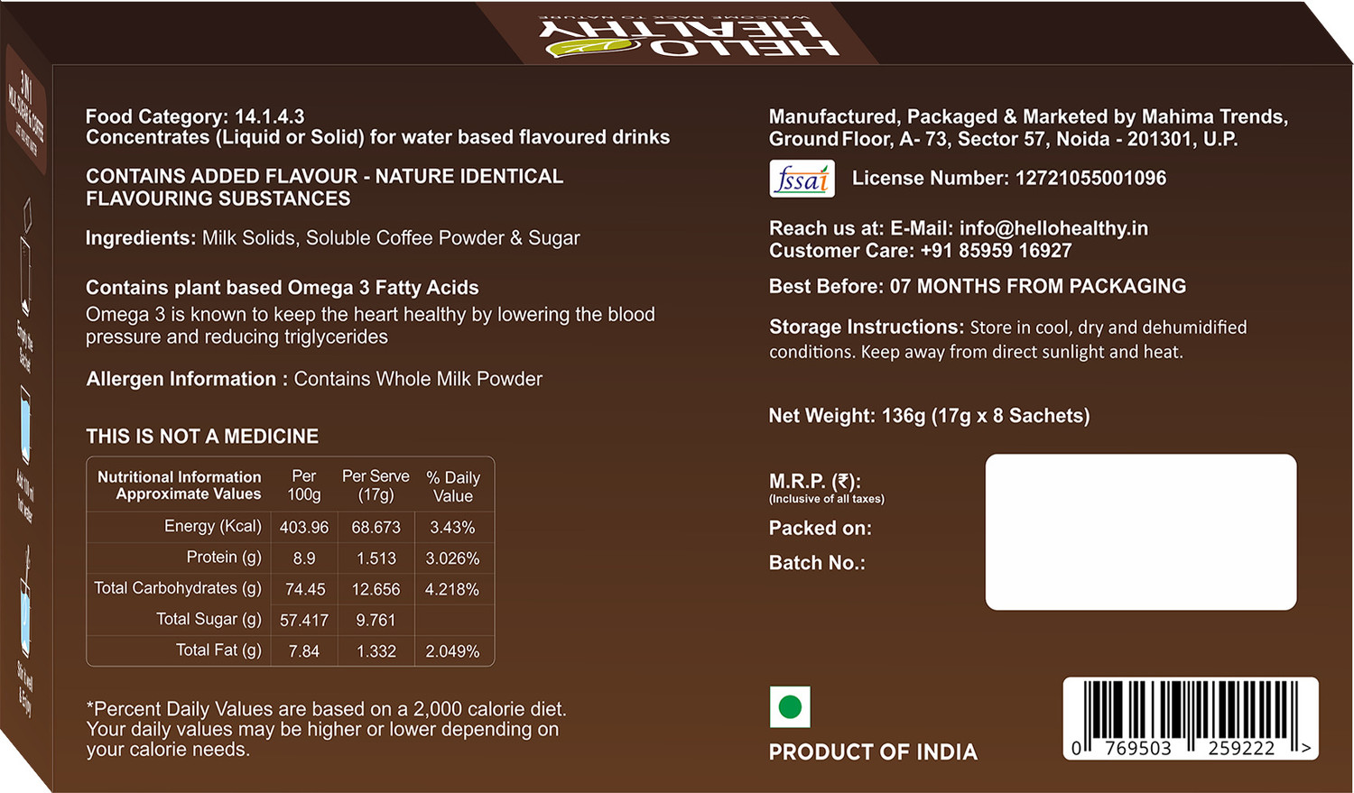 Image of Hello Healthy Cappuccino Instant Coffee Cappuccino Flavoured Instant Coffee