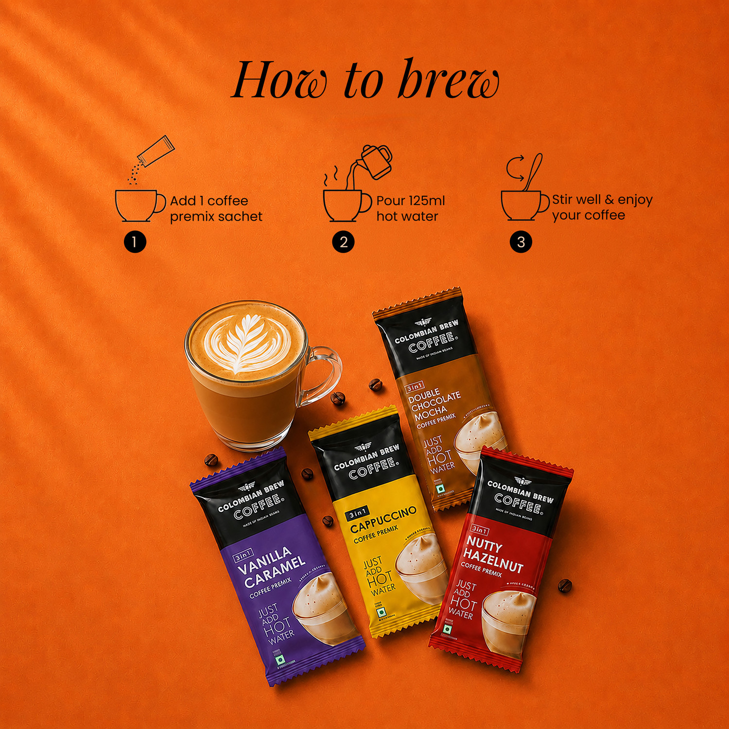 Image of Colombian Brew Assorted Instant Coffee Cafe Latte, Cappuccino, Hazelnut, Vanilla Caramel, Double Choco Mocha Instant Coffee