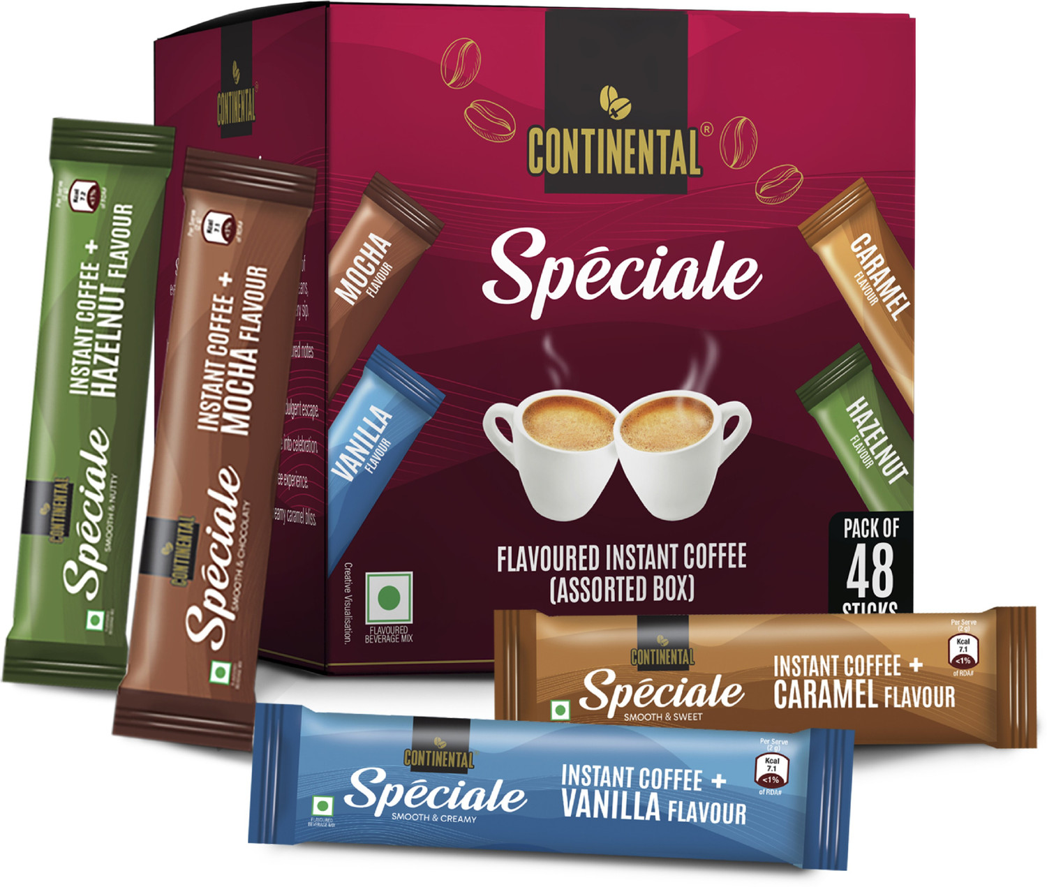 Image of Continental Speciale 96 Coffee Sachets | 4 Flavours - Hazelnut, Vanilla, Mocha, Caramel Instant Coffee