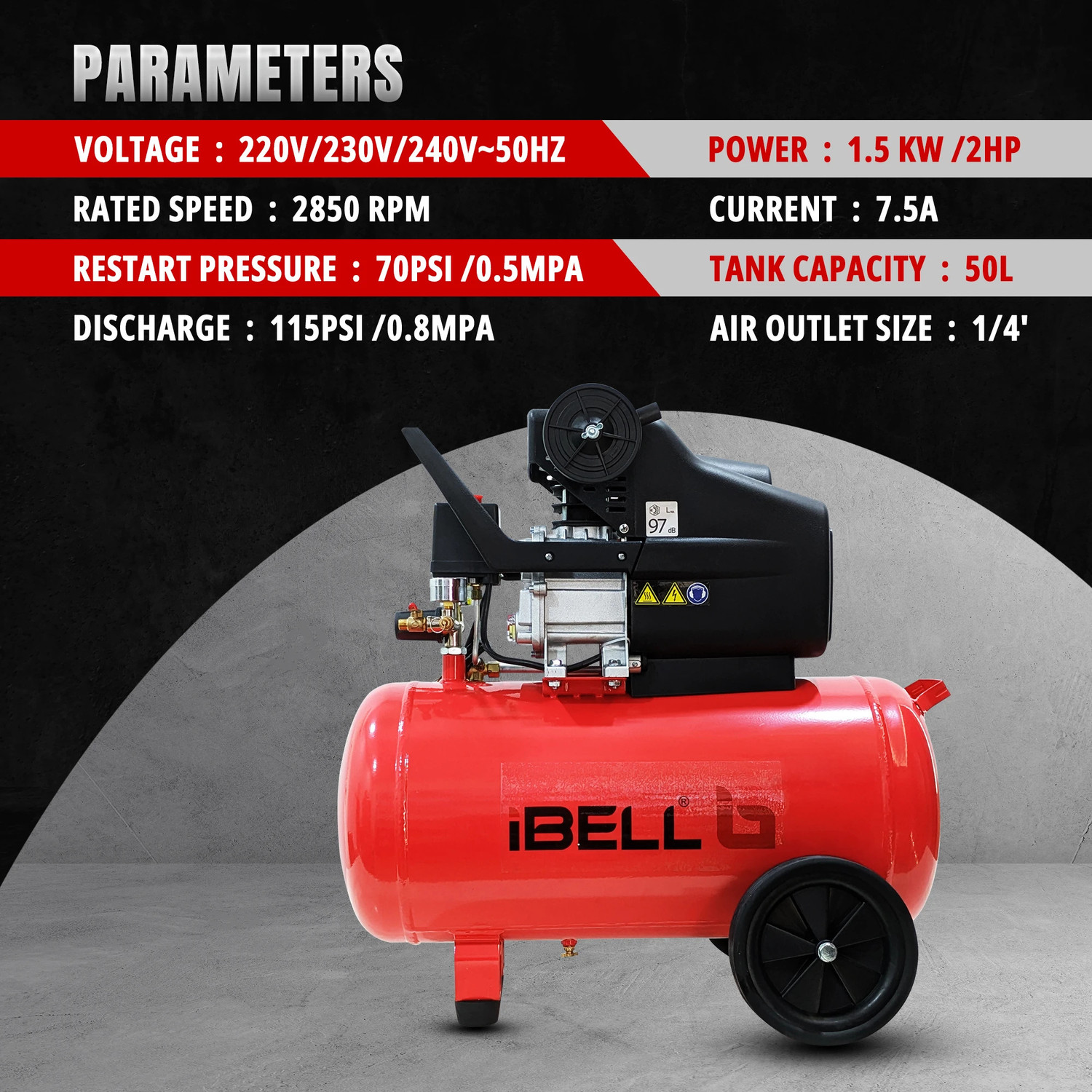 Image of iBELL IBL DDC50L 2.0HP Air Compressor - 50L Tank Capacity, 115 PSI Max,Copper Armature Coil Spring Compressor