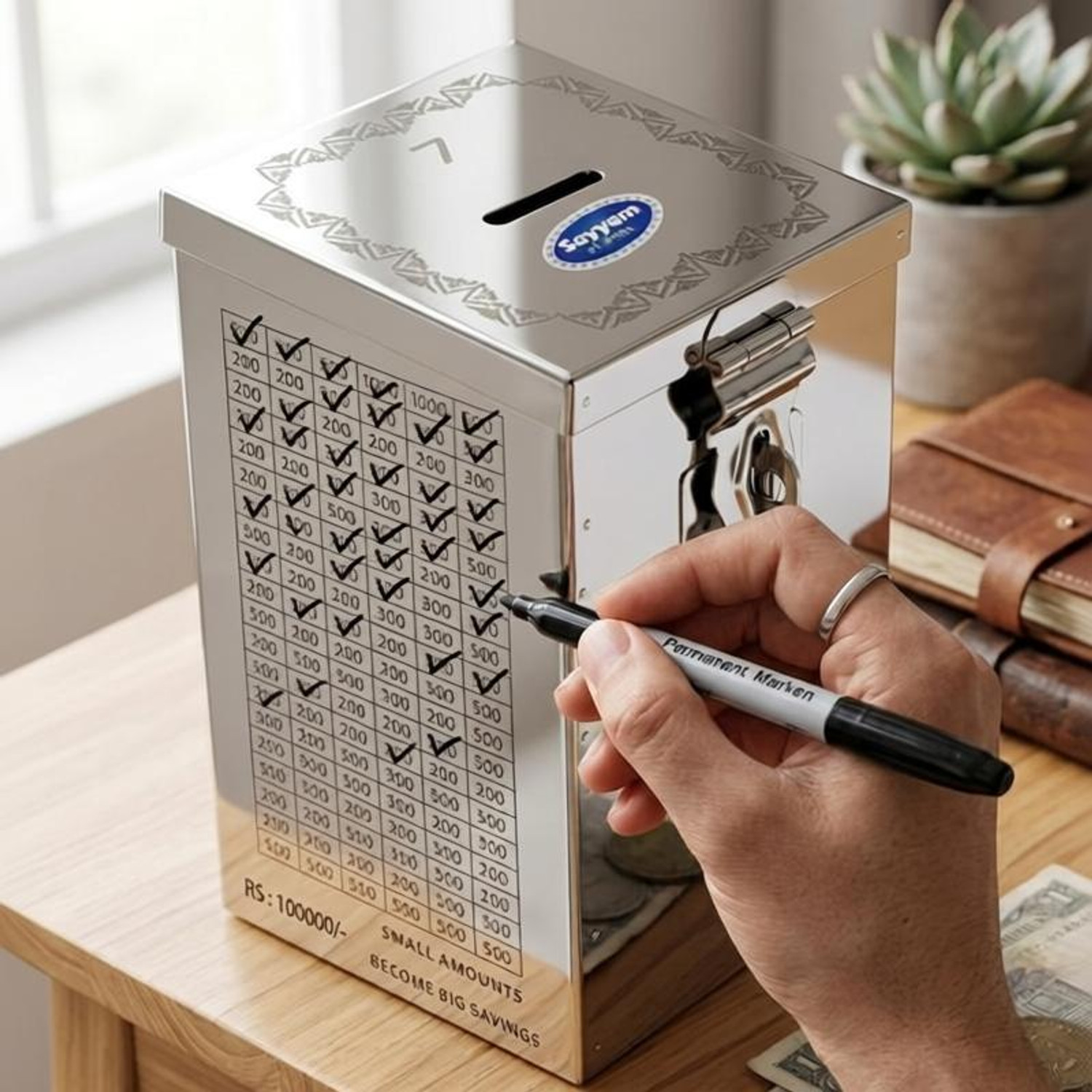 Image of KOKOLINE Money Saving Box 100000 Rupees Saving Challenge Box Coin Bank Coin Bank (Silver)