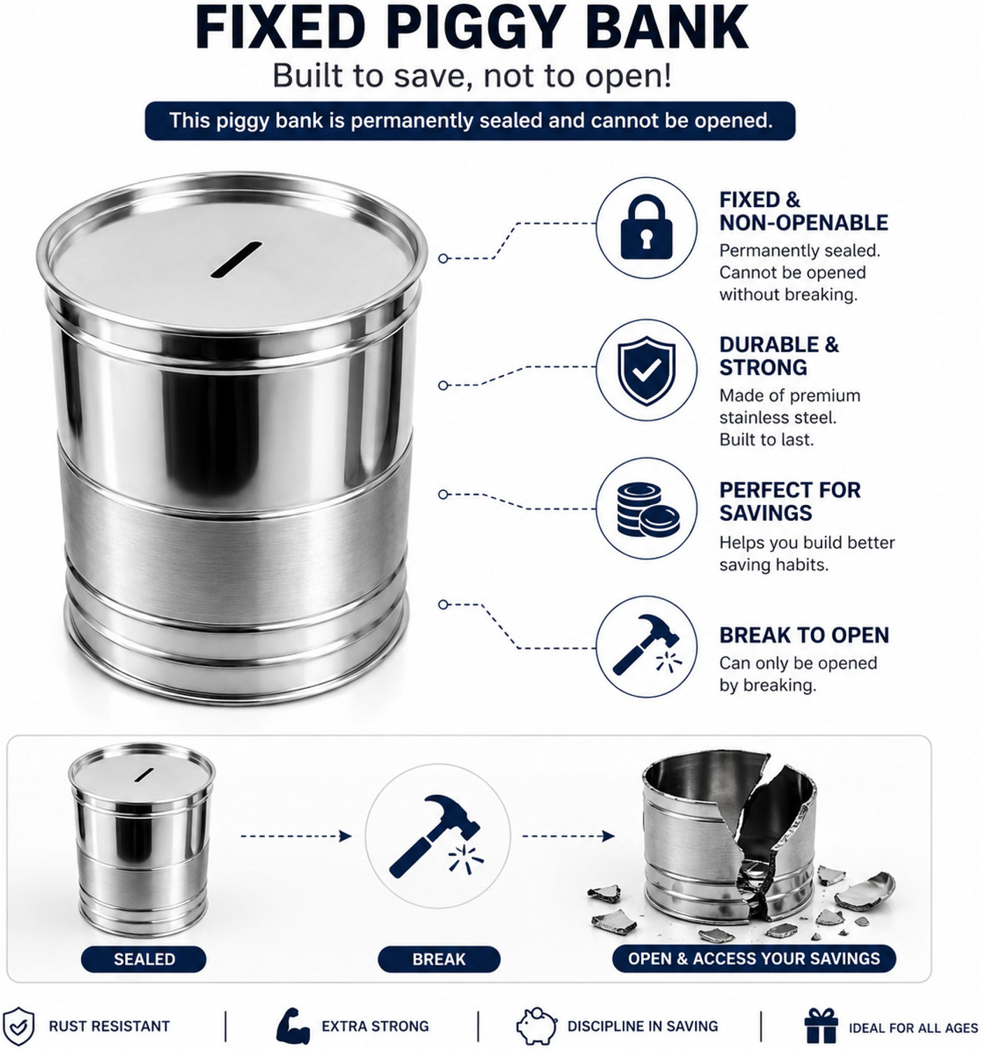 Image of ANIAN Fixed Piggy Bank for Savings Non-Openable Money Saving Box Break to Open Coin Coin Bank
