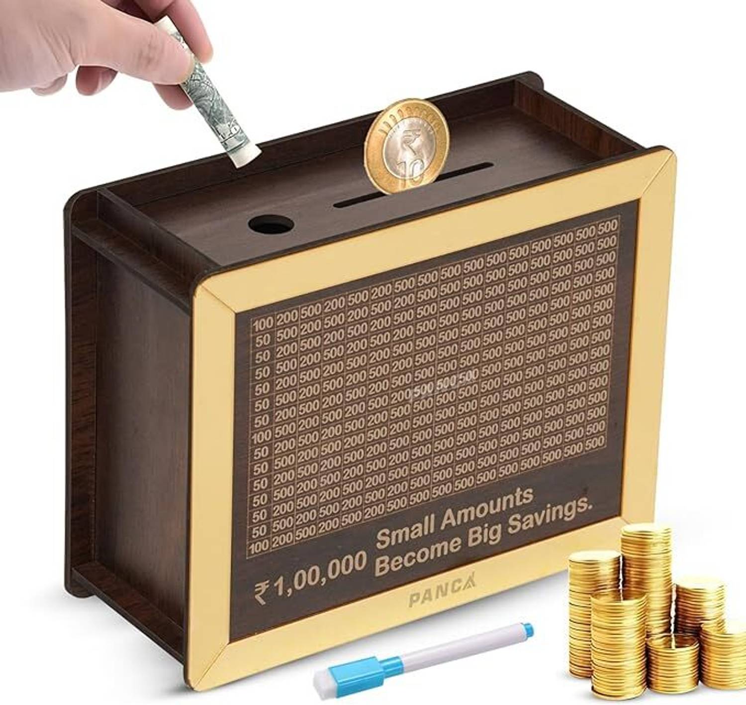 ALICIA Wooden Piggy Bank with 5 sheets Money Saving Box for Kids & Adults, Reusable Box Coin Bank