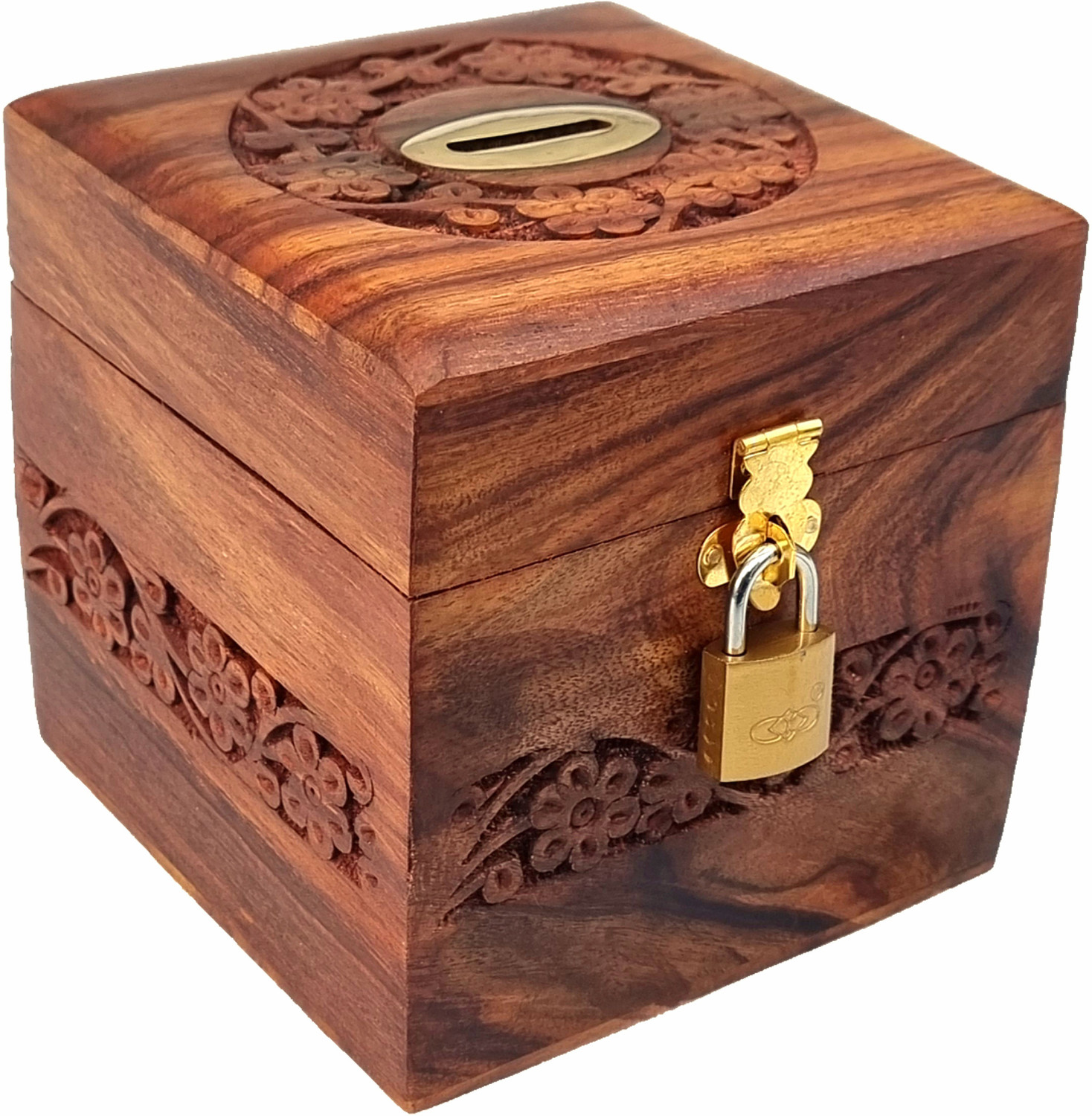 Image of Decorize Wooden Money Bank with Lock, Large Size Piggy Bank 5X5 Inch for Kids & Adults Coin Bank