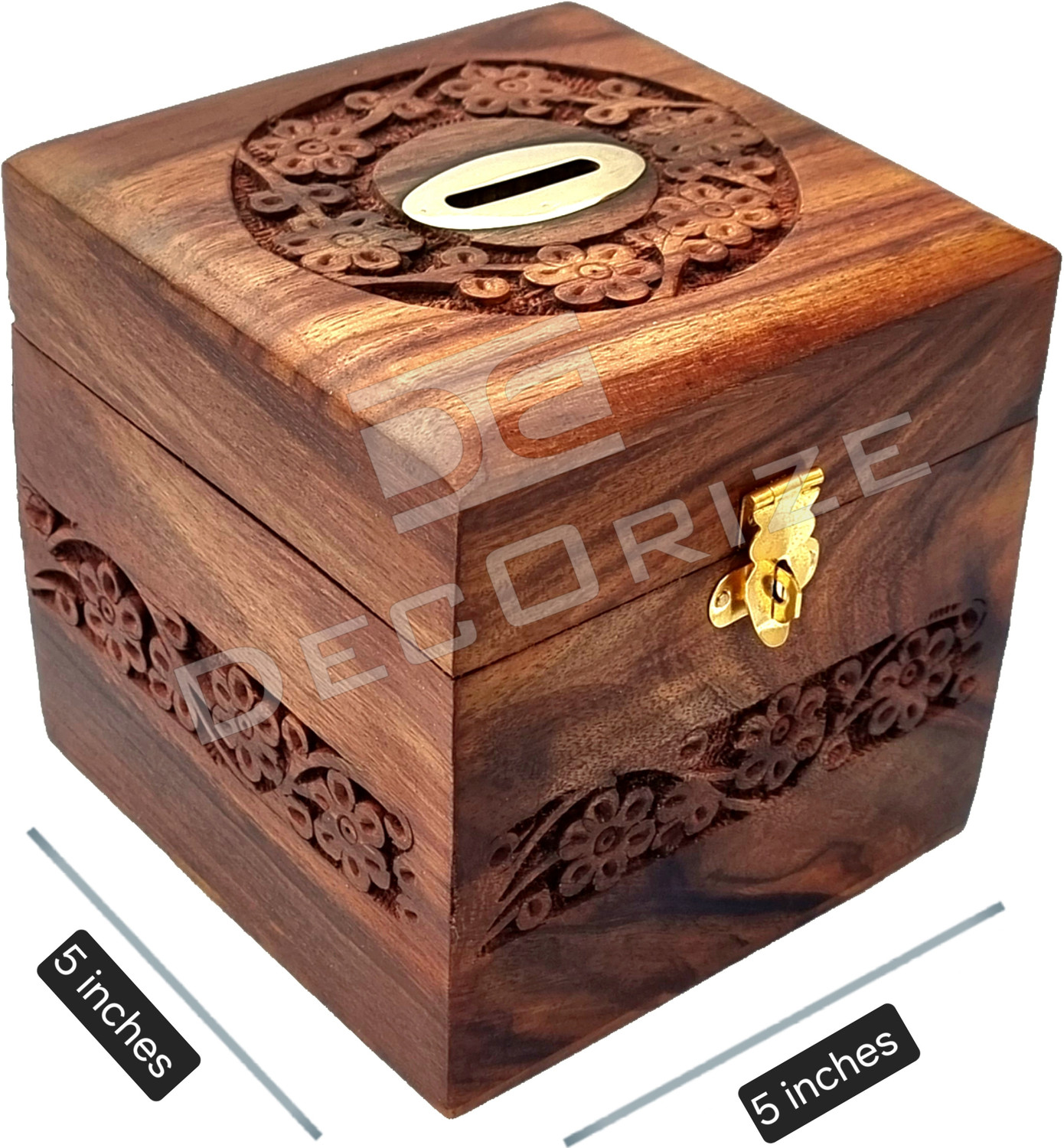 Image of Decorize Wooden Money Bank with Lock, Large Size Piggy Bank 5X5 Inch for Kids & Adults Coin Bank
