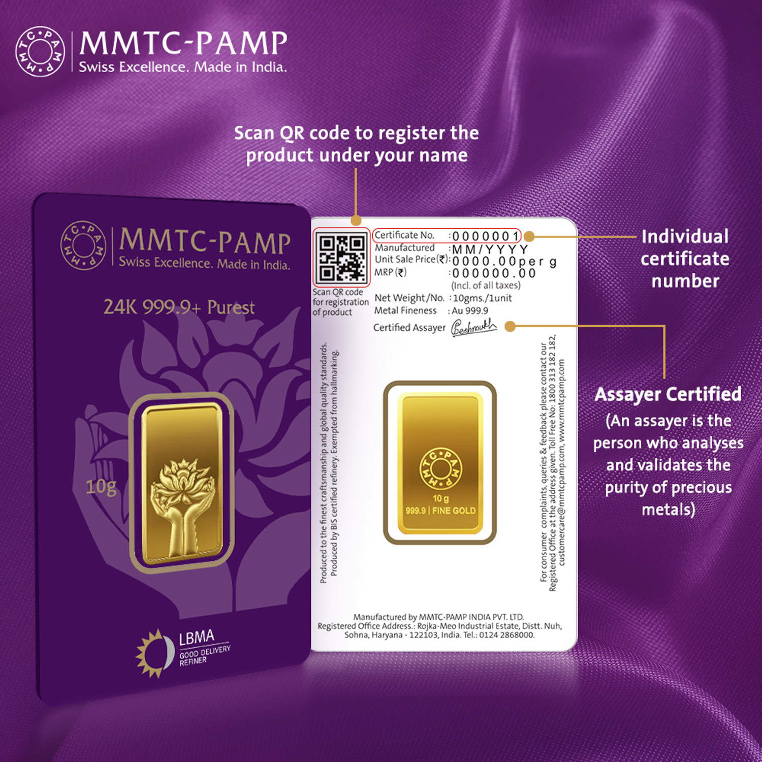 Image of MMTC-PAMP India Pvt Ltd Lotus 24 (9999) K 10 g Yellow Gold Bar