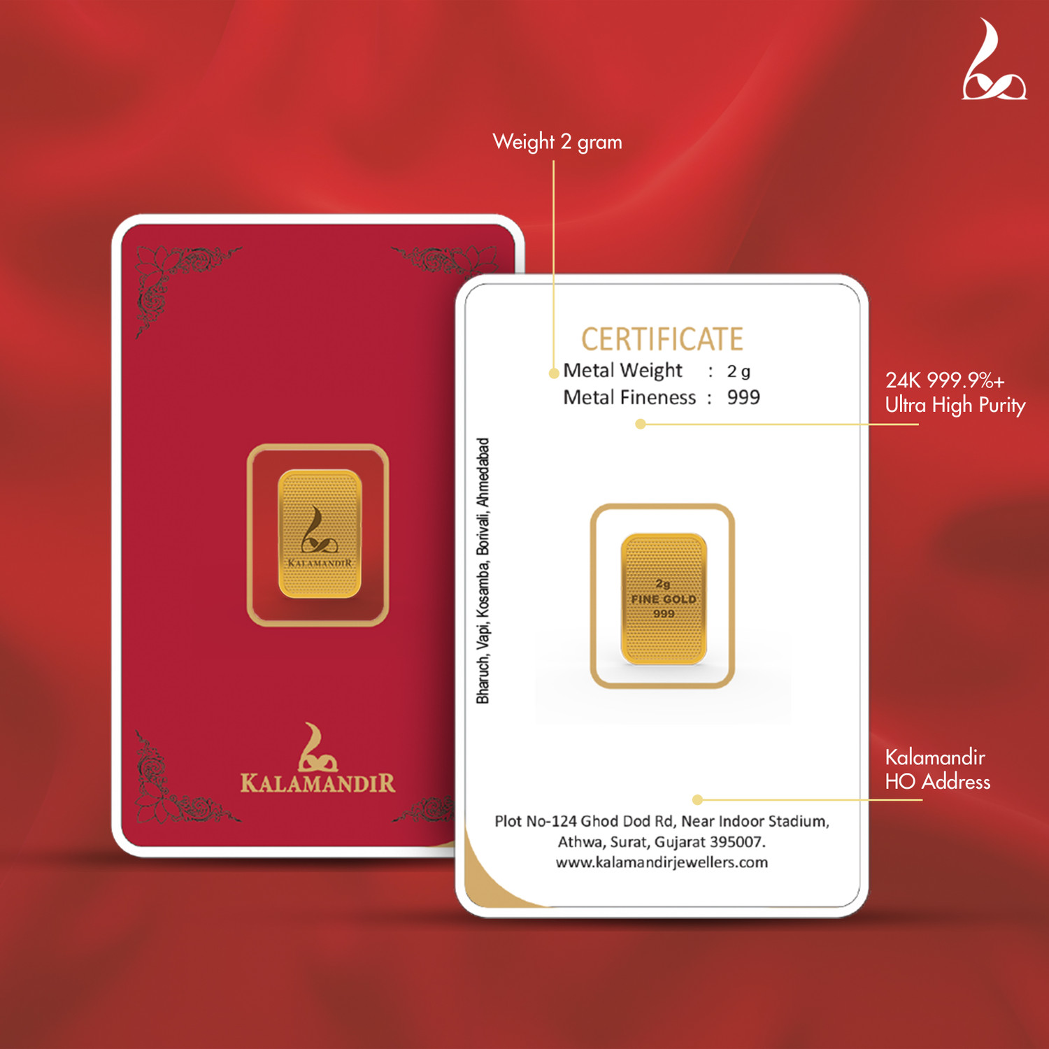 Image of Kalamandir 2 gm 999 Fine Gold Bar | 24K Pure Gold Investment Bar for Gifting & Collection 24 (999) K 2 g Gold Bar
