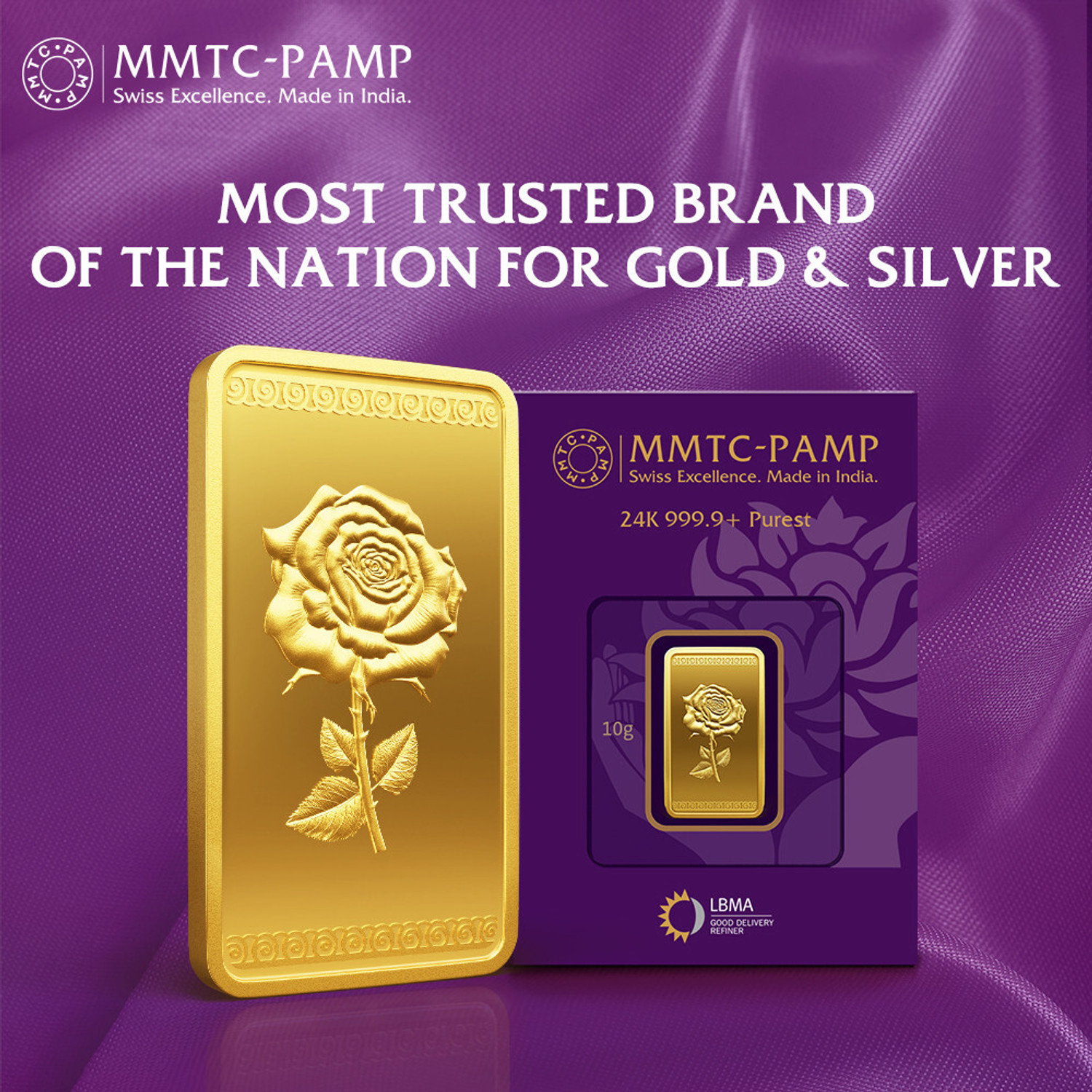 Image of MMTC-PAMP India Pvt Ltd Rose 24 (9999) K 10 g Yellow Gold Bar