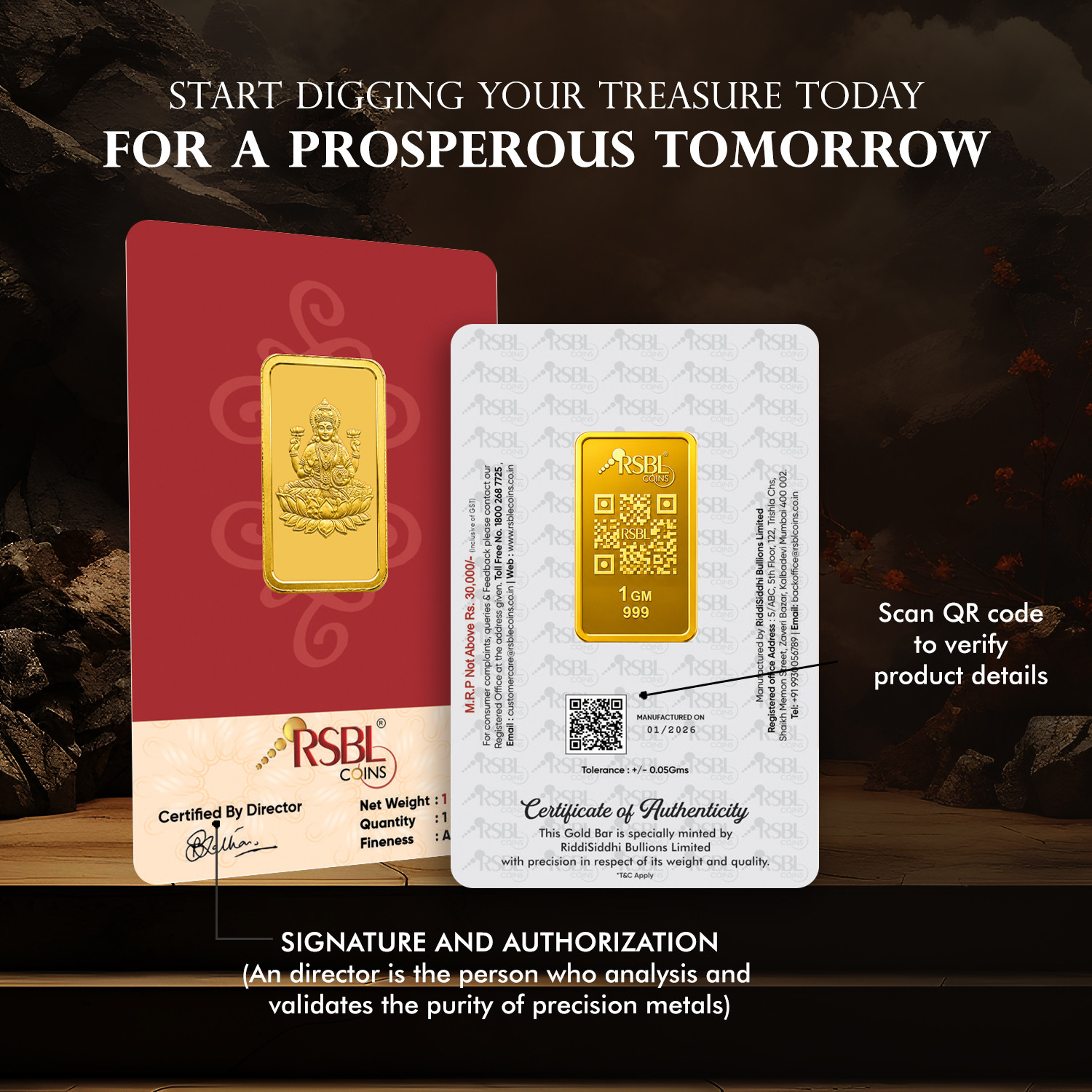 Image of RSBL Goddess Lakshmi Precious 24 (999) K 1 g Yellow Gold Bar