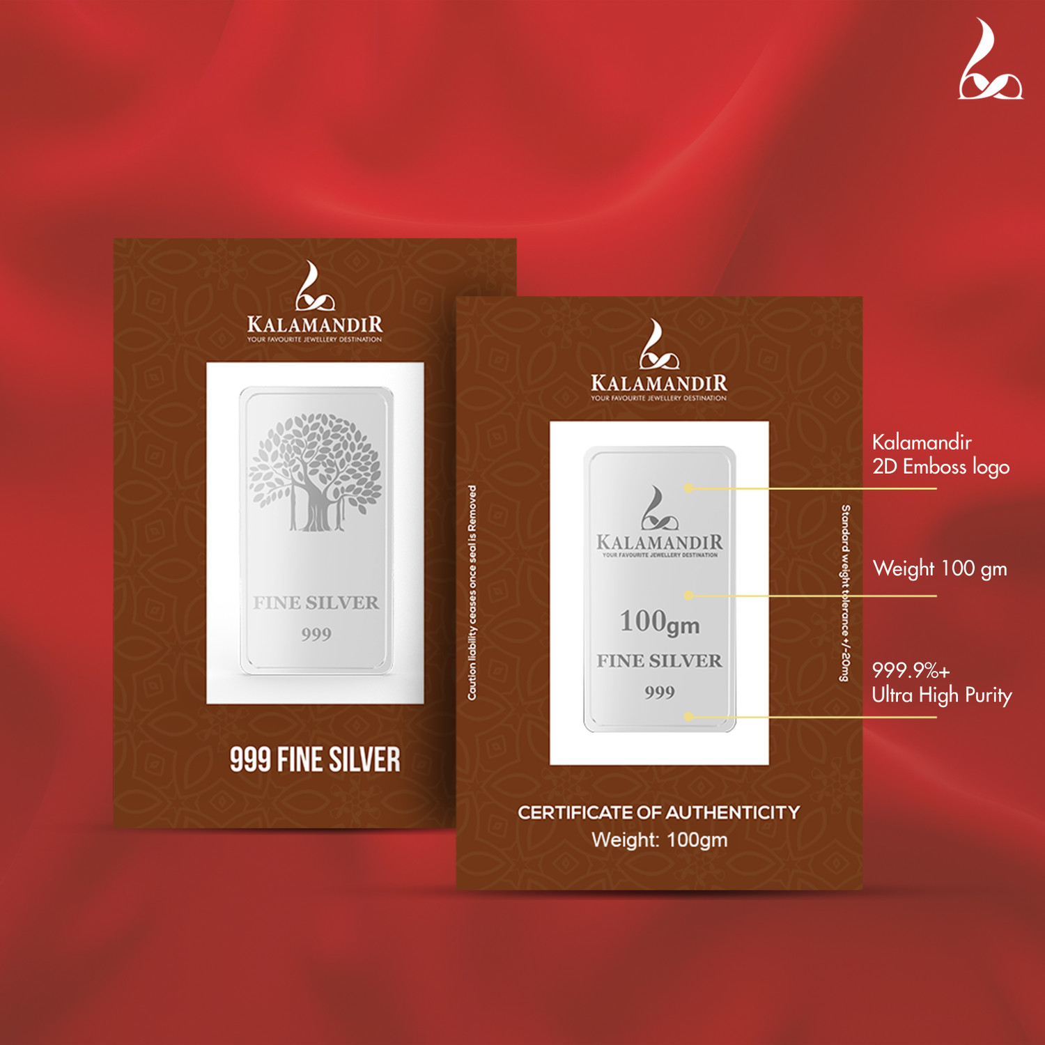 Image of Kalamandir 999 Fine Silver Gift Bar\Coin of 100-gm S 999 100 g Silver Bar