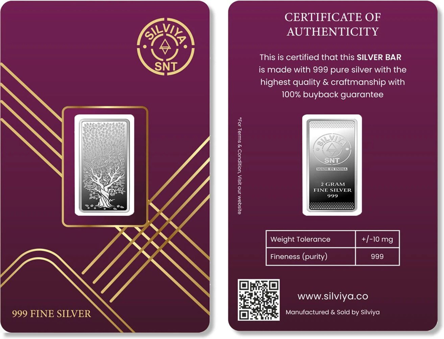 Image of SILVIYA Banyan Tree 999 Pure Silver Bar Shape Coin 2 Gm S 999 2 g Silver Bar