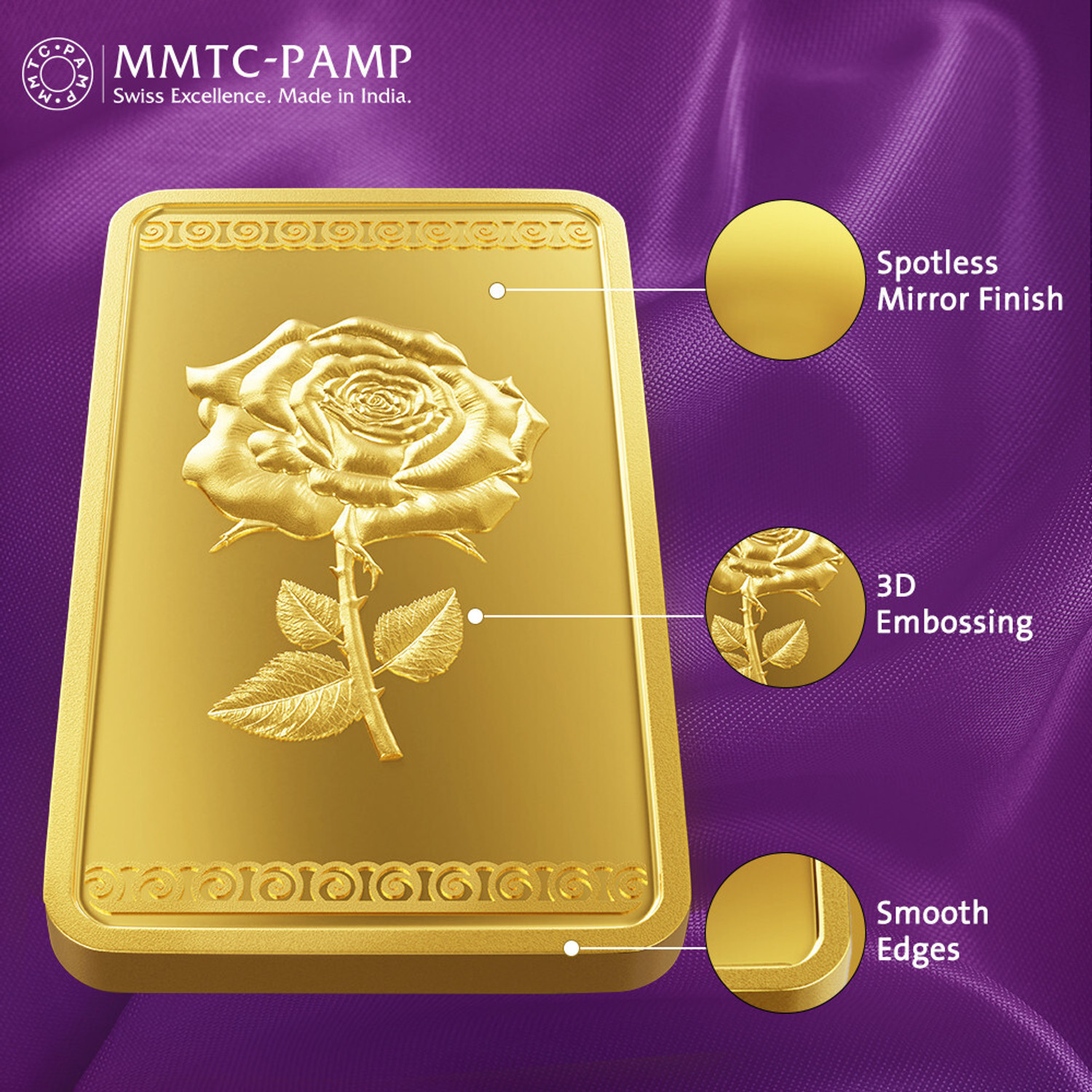 Image of MMTC-PAMP India Pvt Ltd Rose 24 (9999) K 10 g Yellow Gold Bar