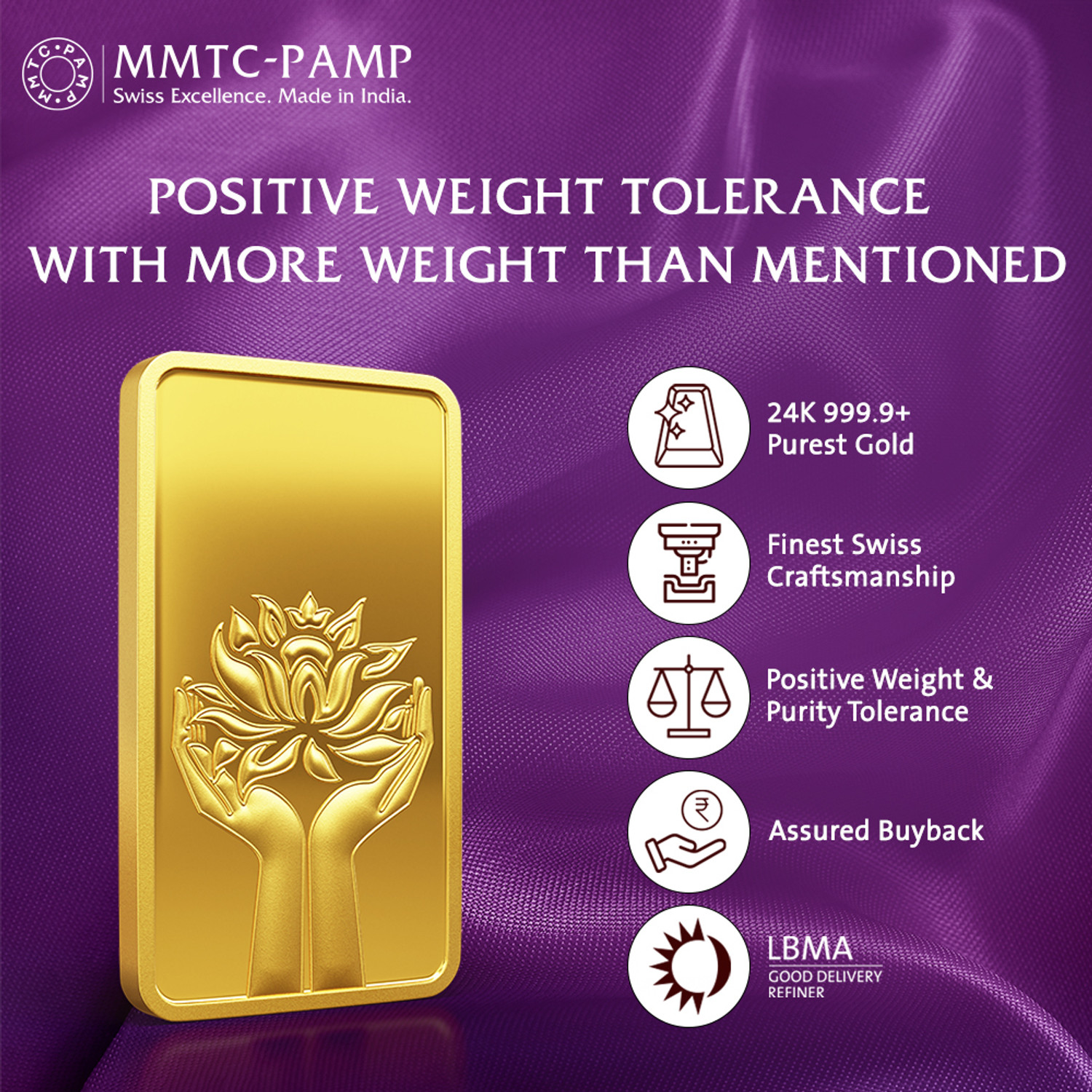 Image of MMTC-PAMP India Pvt Ltd Lotus 24 (9999) K 10 g Yellow Gold Bar