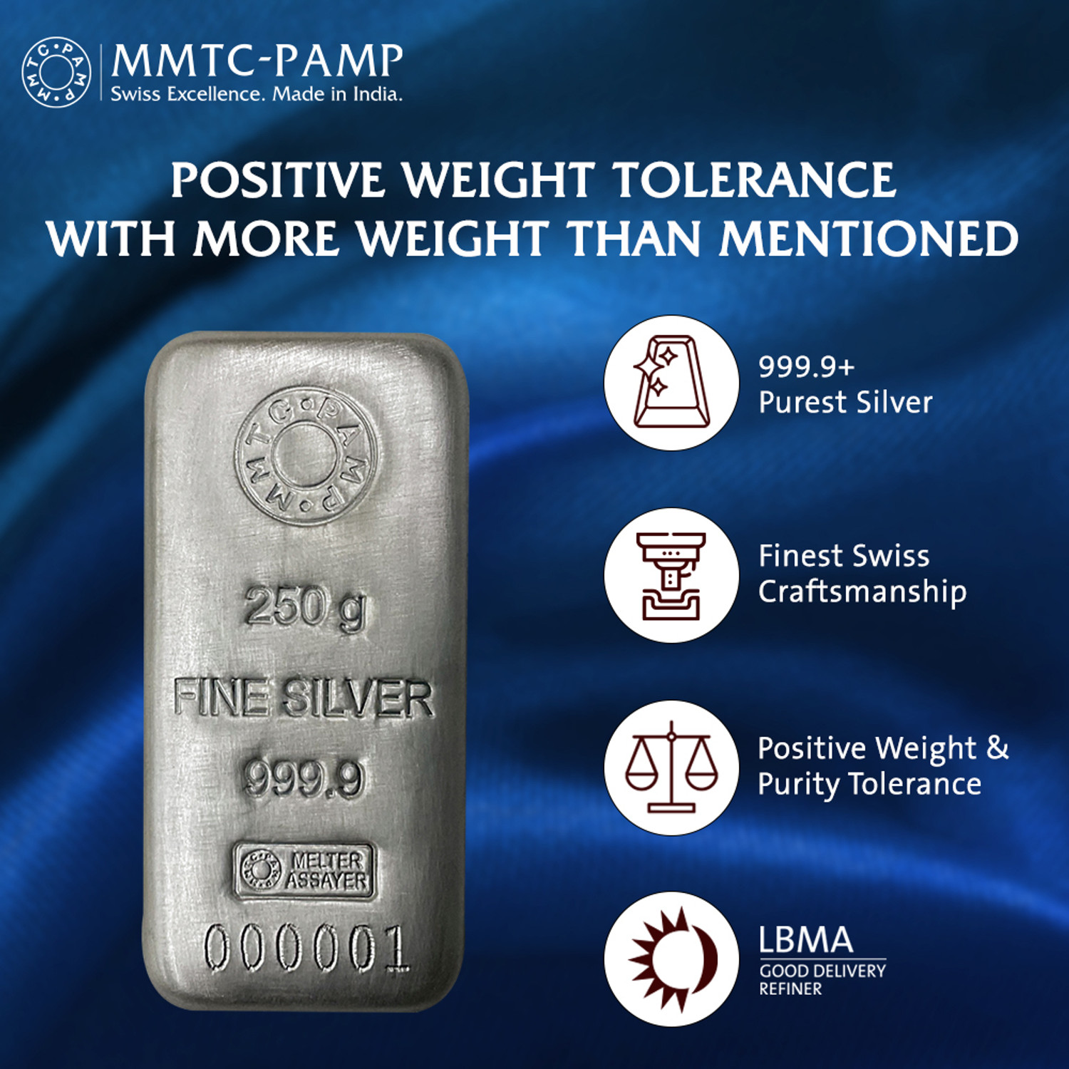Image of MMTC-PAMP India Pvt Ltd MMTC-PAMP (999.9+) Purest 250 g Casted Silver Bar S 9999 250 g Silver Bar
