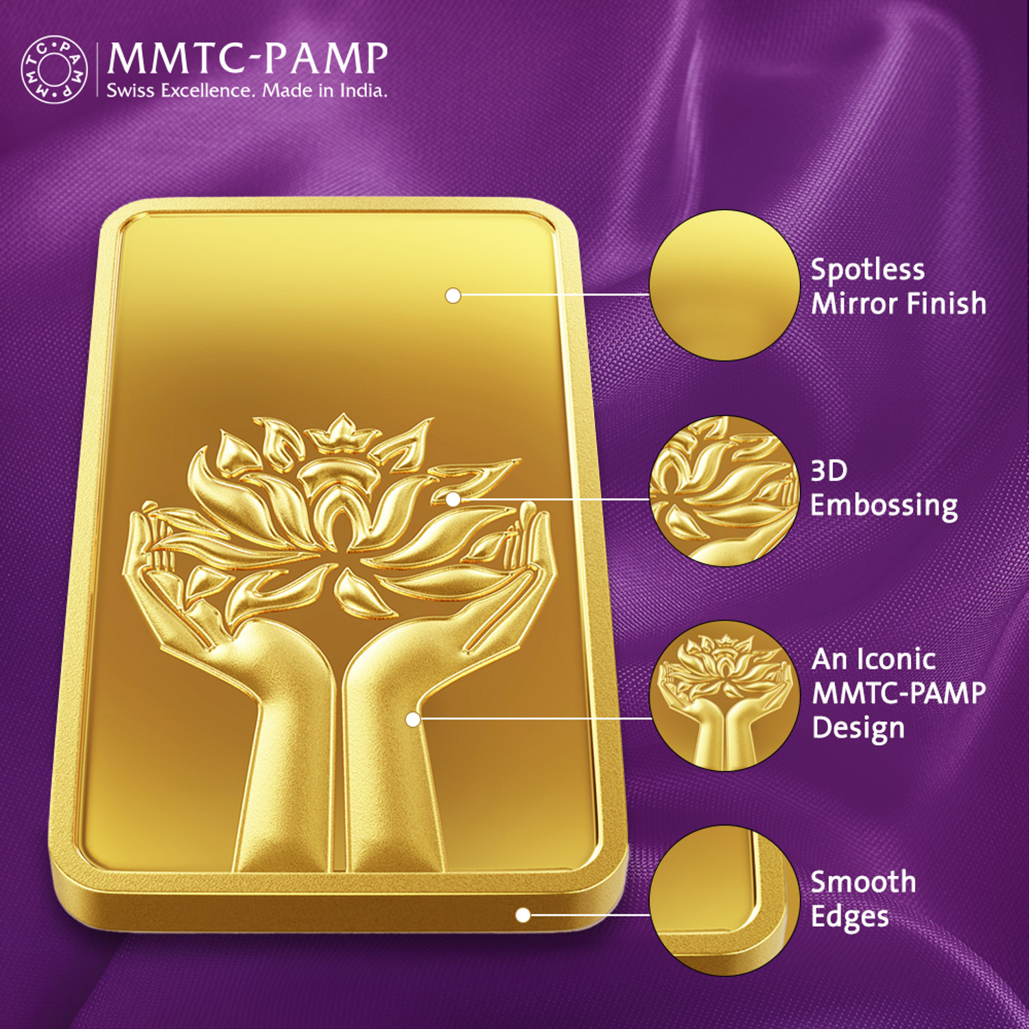Image of MMTC-PAMP India Pvt Ltd Lotus 24 (9999) K 10 g Yellow Gold Bar