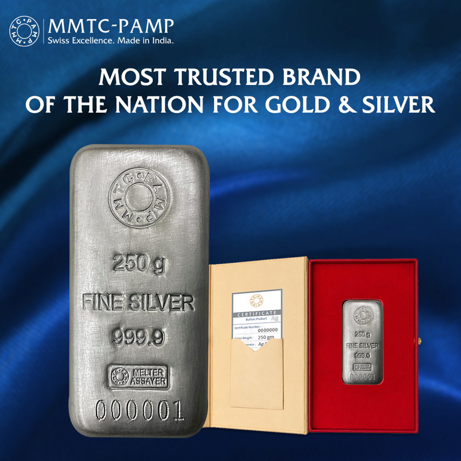 Image of MMTC-PAMP India Pvt Ltd MMTC-PAMP (999.9+) Purest 250 g Casted Silver Bar S 9999 250 g Silver Bar