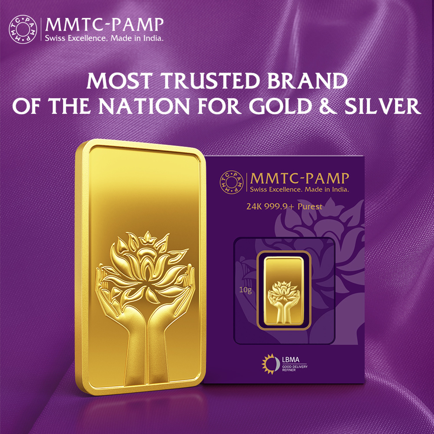 Image of MMTC-PAMP India Pvt Ltd Lotus 24 (9999) K 10 g Yellow Gold Bar