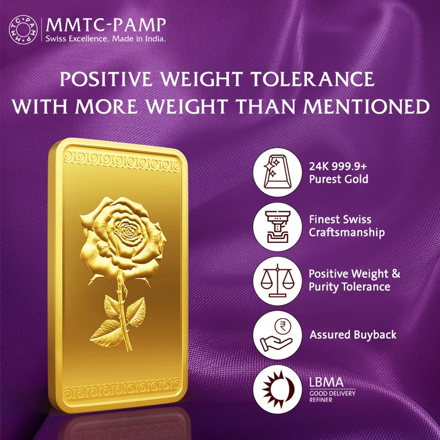 Image of MMTC-PAMP India Pvt Ltd Rose 24 (9999) K 10 g Yellow Gold Bar