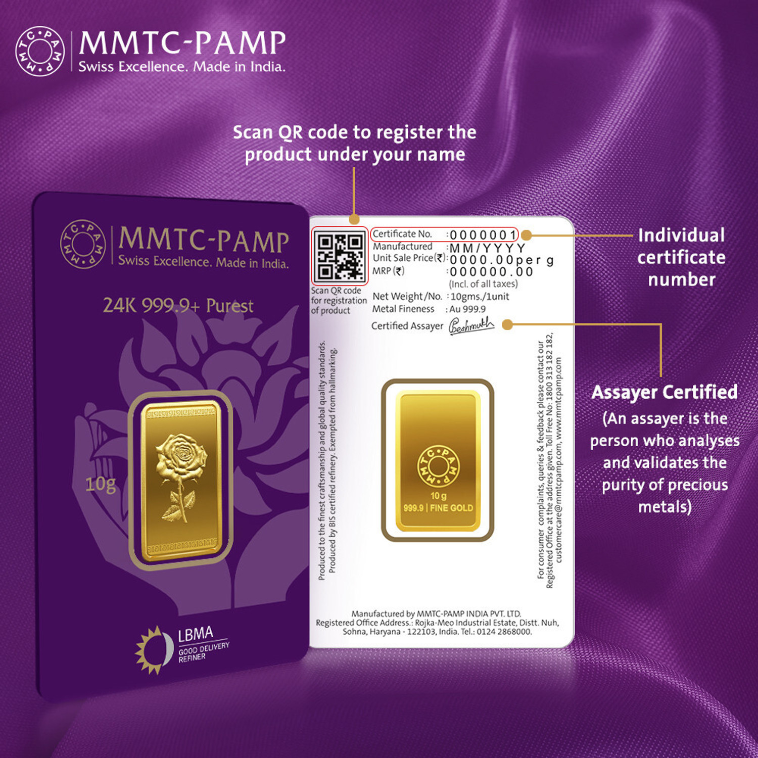 Image of MMTC-PAMP India Pvt Ltd Rose 24 (9999) K 10 g Yellow Gold Bar