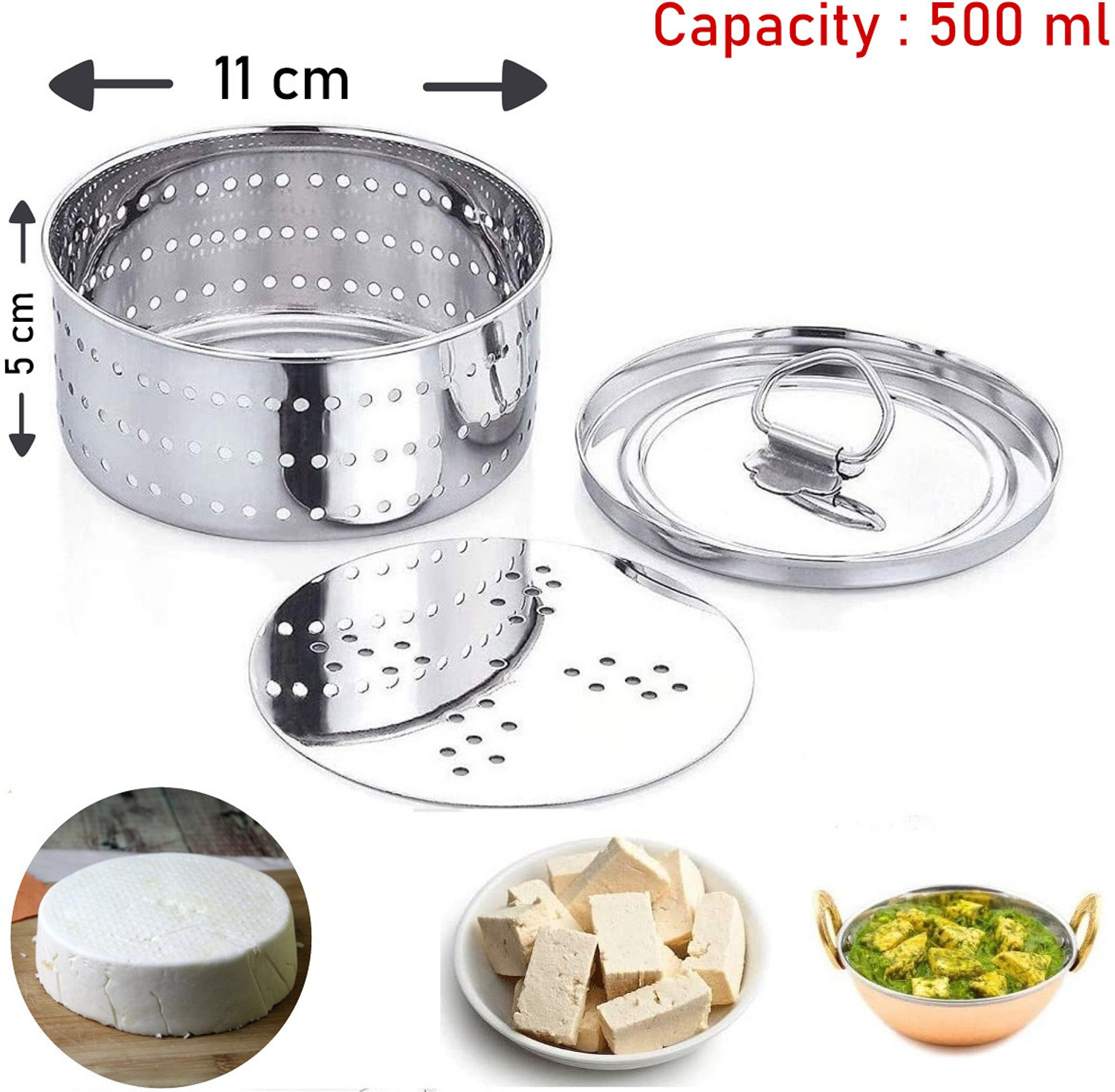 Image of MISSIPPI Stainless Steel Round Shape Indian Paneer /Tofu Press Mould Maker Collapsible Strainer