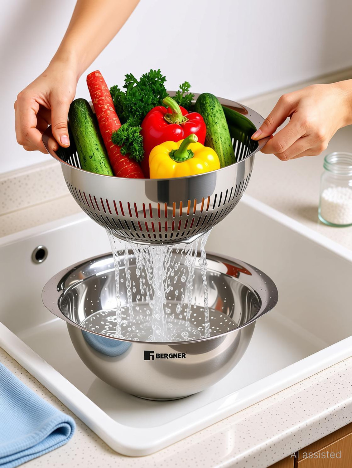 Image of BERGNER Stainless Steel Uni Colander and Mixing Bowl, 2 in 1 Stainless Steel 26 cm Colander (Silver Pack of 2)