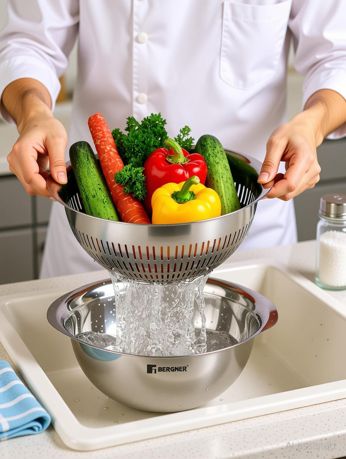 Image of BERGNER Stainless Steel Uni Colander and Mixing Bowl, 2 in 1 Stainless Steel 26 cm Colander (Silver Pack of 2)