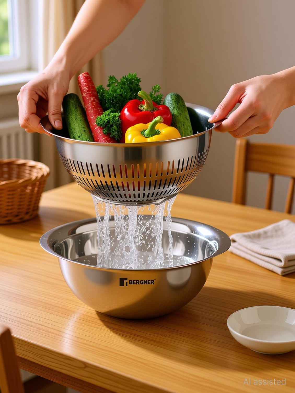 Image of BERGNER Stainless Steel Uni Colander and Mixing Bowl, 2 in 1 Stainless Steel 26 cm Colander (Silver Pack of 2)