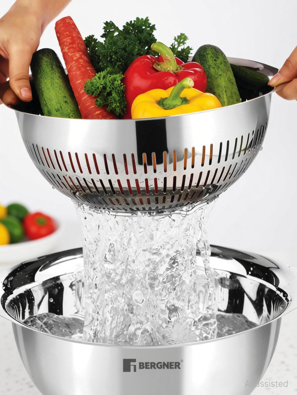 Image of BERGNER Stainless Steel Uni Colander and Mixing Bowl, 2 in 1 Stainless Steel 26 cm Colander (Silver Pack of 2)