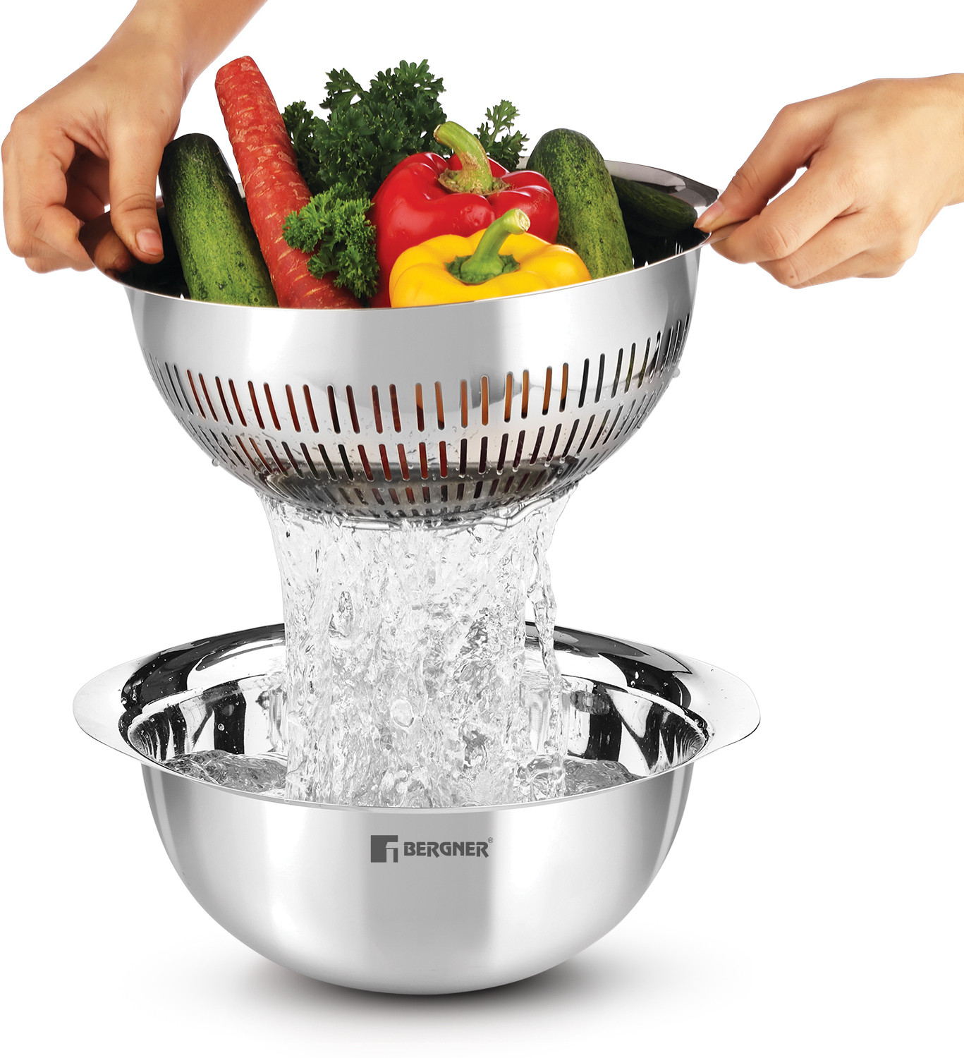 Image of BERGNER Stainless Steel Uni Colander and Mixing Bowl, 2 in 1 Stainless Steel 26 cm Colander (Silver Pack of 2)