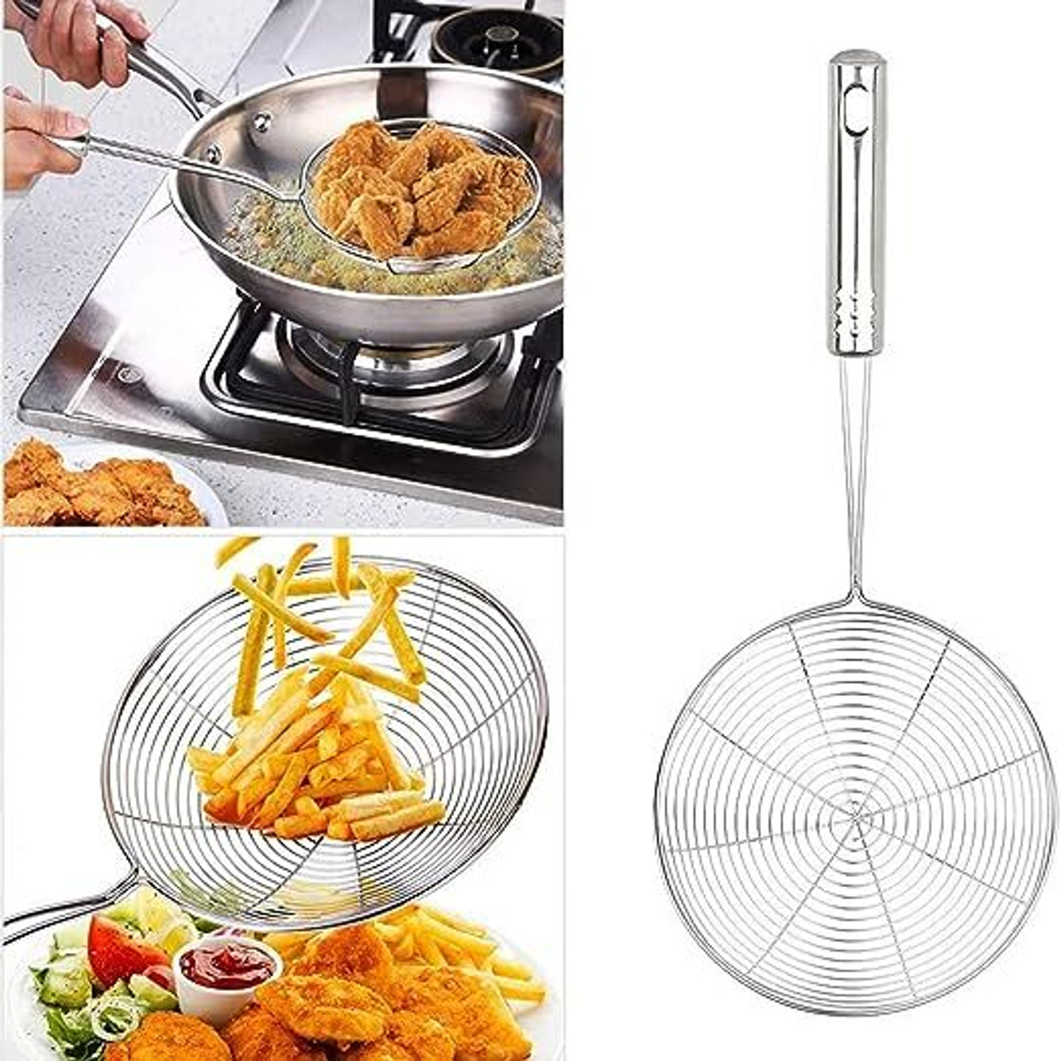 Image of Aric Stainless Steel Deep Fry Jhara Skimmer Strainer Collapsible Deep Frying Basket