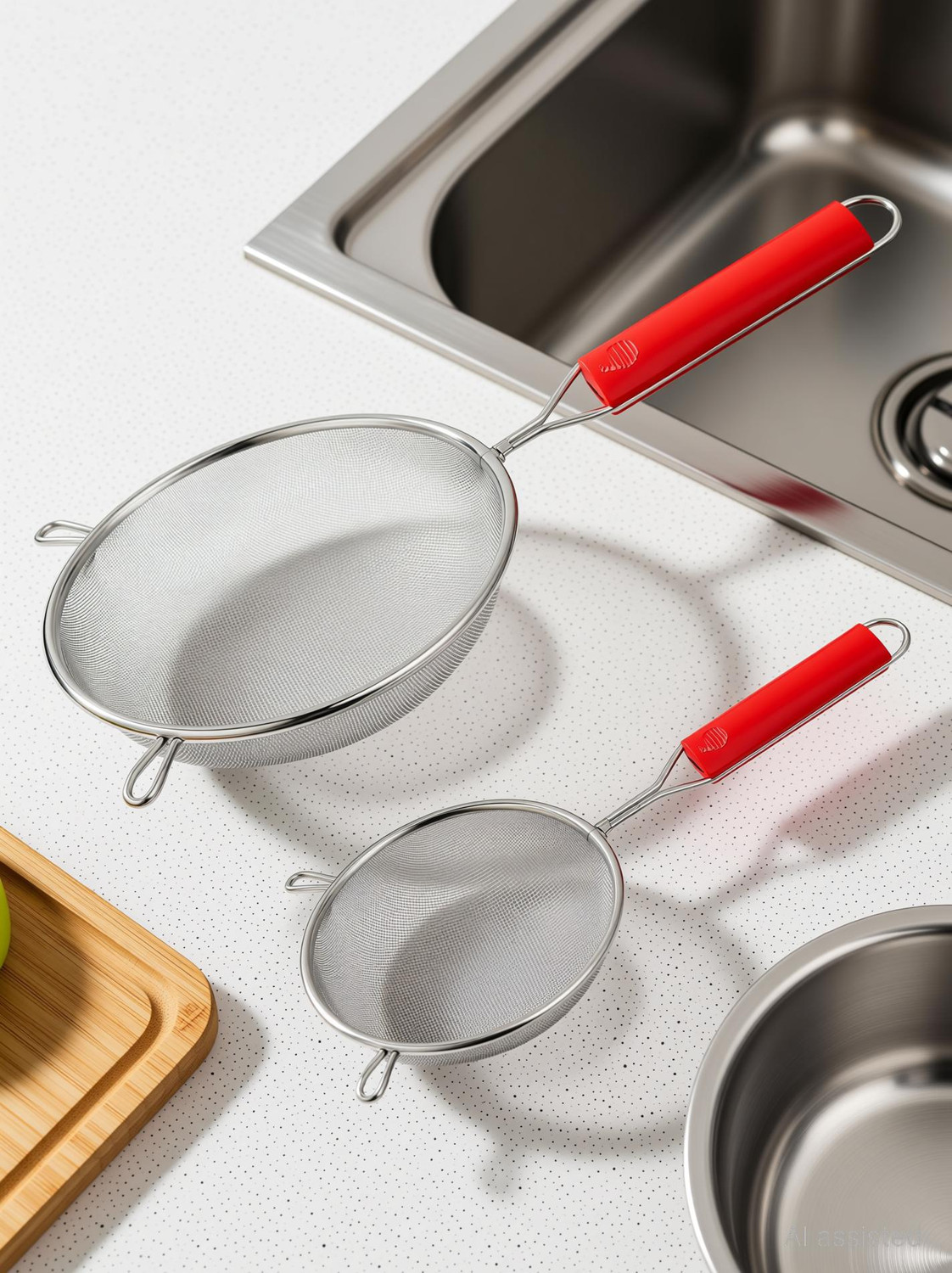 Image of CookoFriends Stainless Steel Soup & Juice Strainer for Kitchen Use, Combo Pack Small & Medium Strainer
