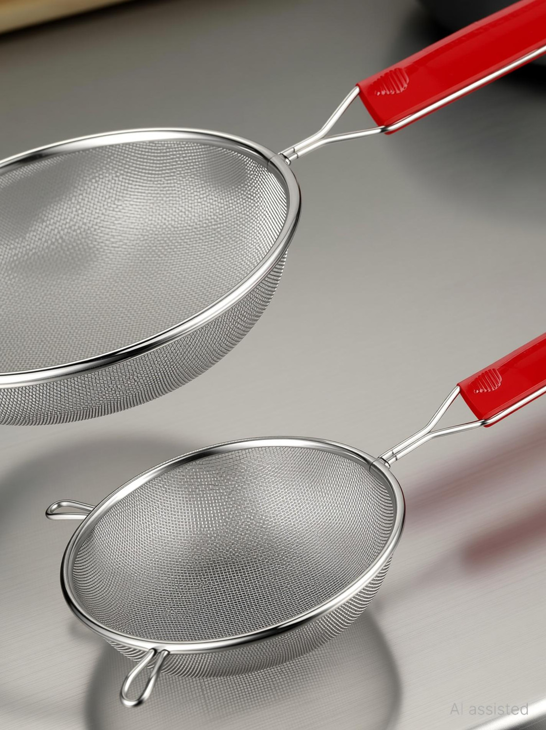 Image of CookoFriends Stainless Steel Soup & Juice Strainer for Kitchen Use, Combo Pack Small & Medium Strainer