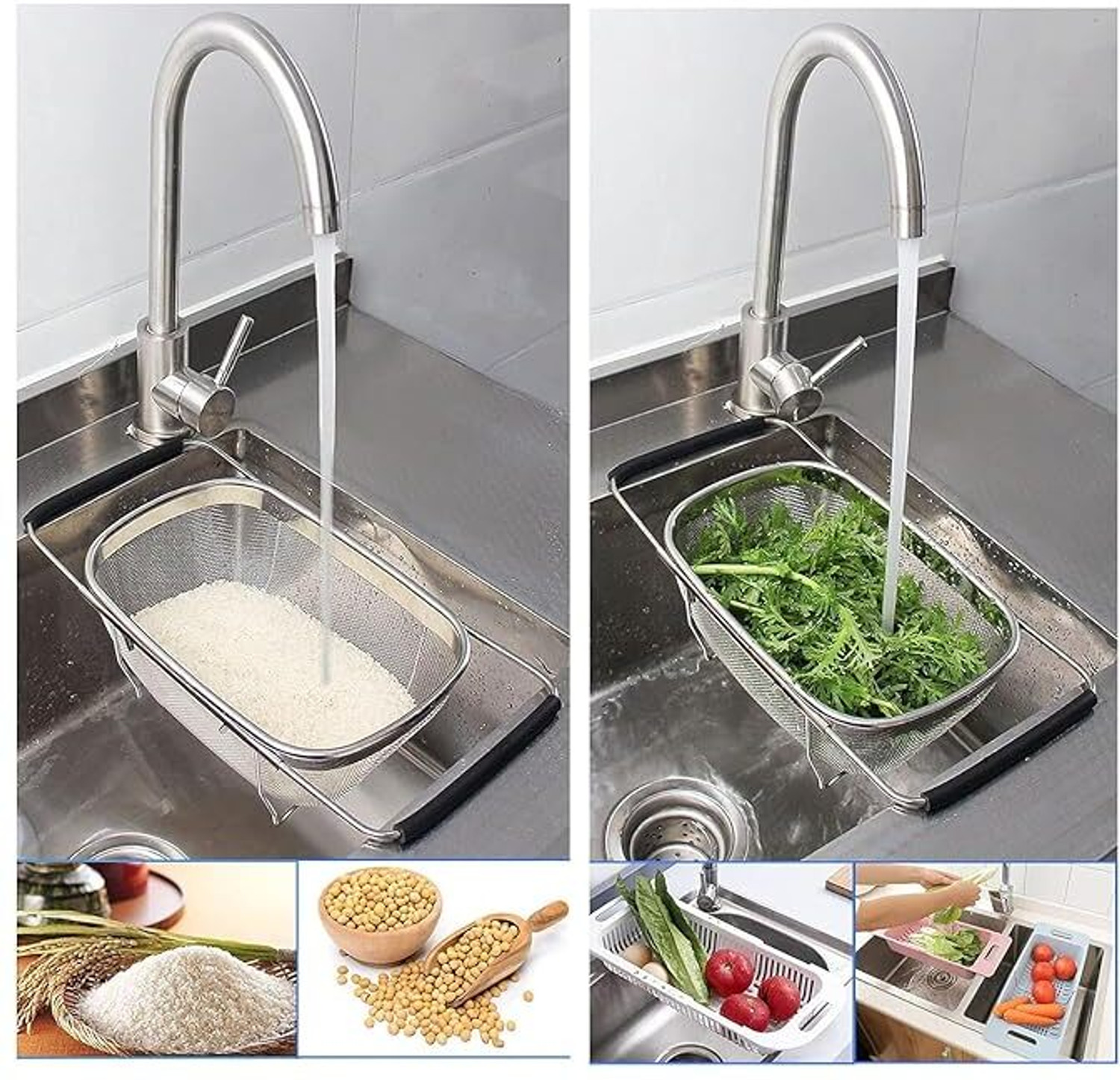 Image of DEALZONE Stainless Steel Sink Colander Strainer Basket for Vegetables Fruits Dishes Collapsible Strainer
