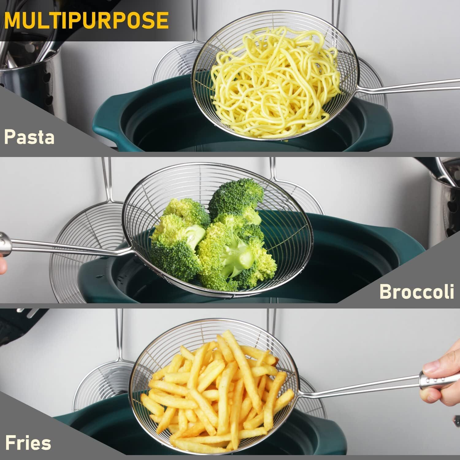 Image of Aric Stainless Steel Deep Fry Jhara Skimmer Strainer Collapsible Deep Frying Basket