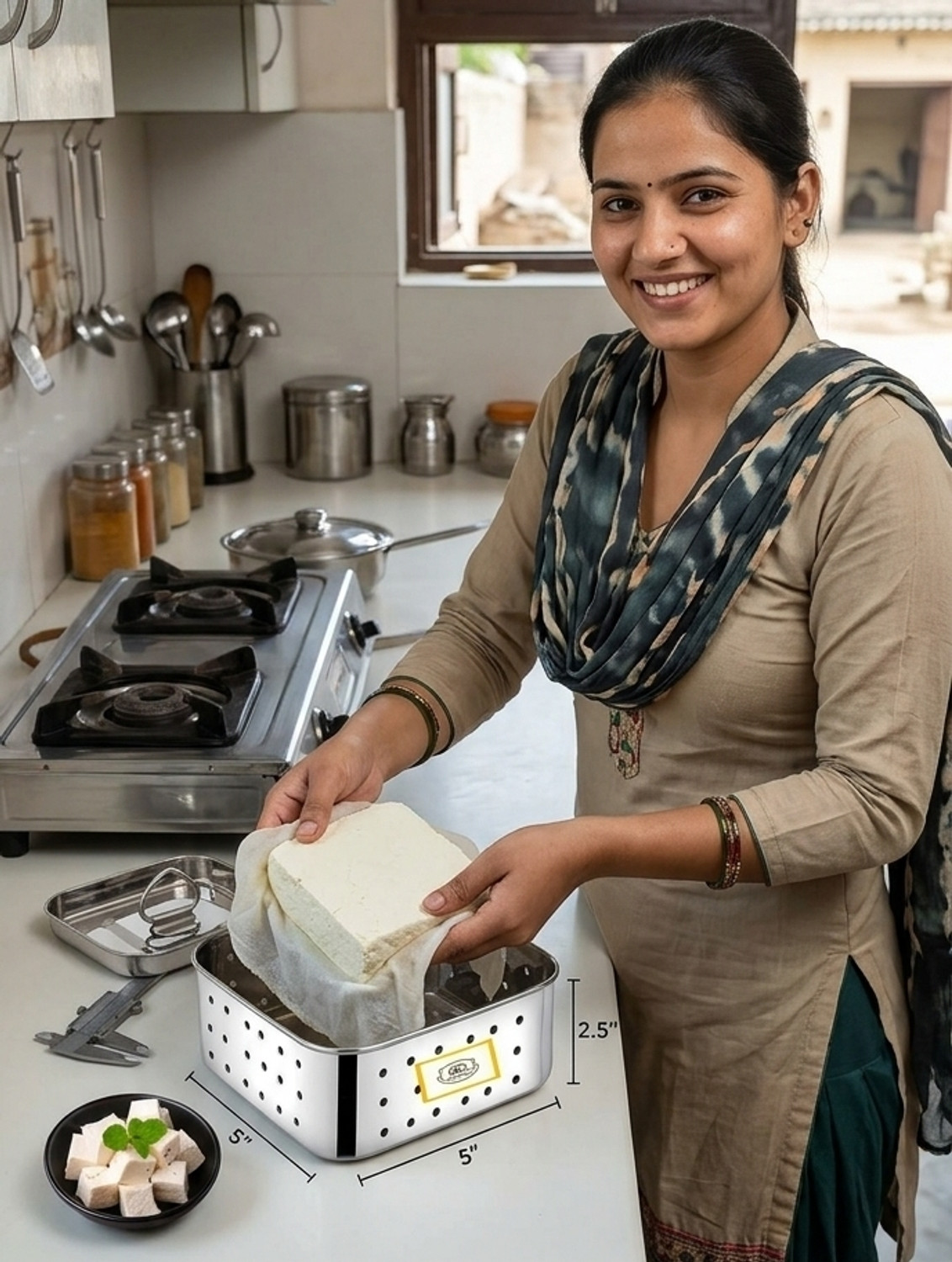 Image of Konava Stainless Steel 650ml Square Shape Indian Paneer /Tofu Press Mould Maker Collapsible Colander