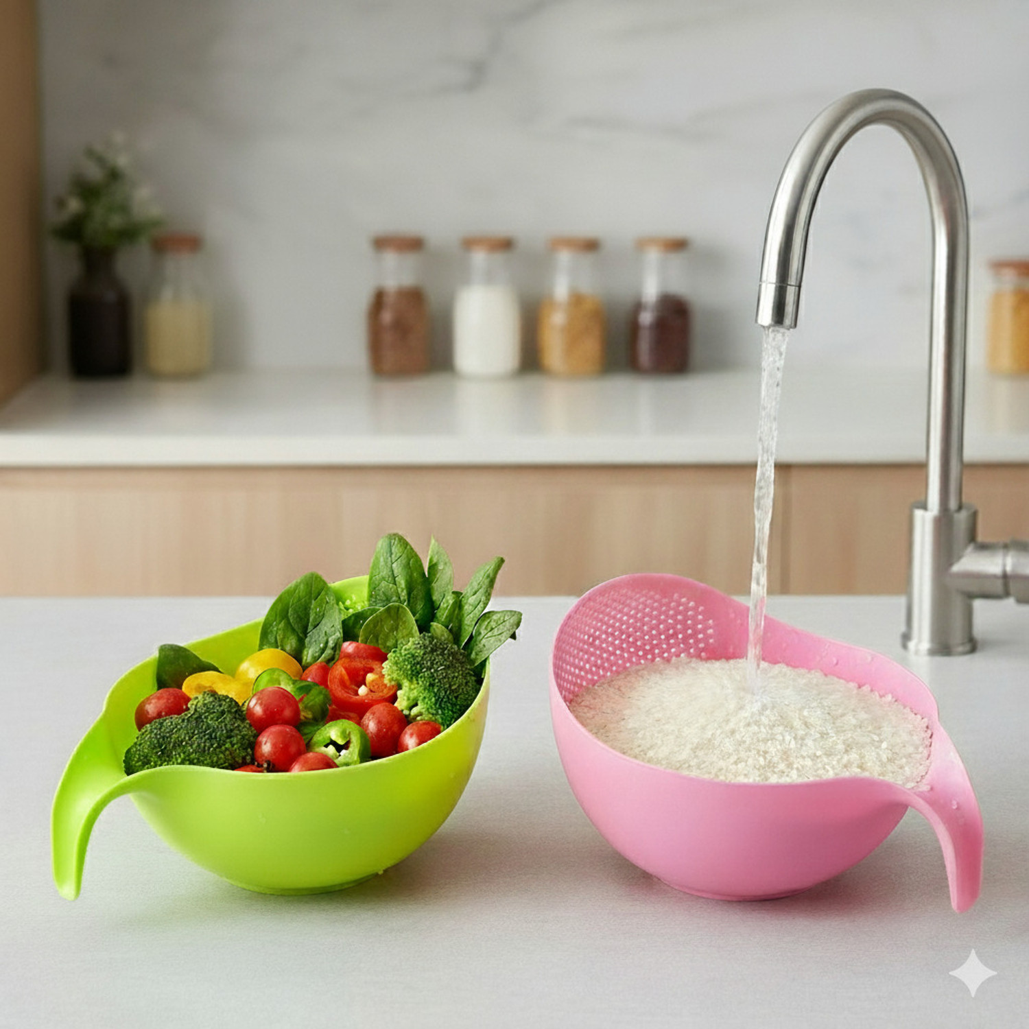 Image of Orevia ! Multifunctional Bowl for Washing and Straining Rice, Fruits, and Veggies, Strainer