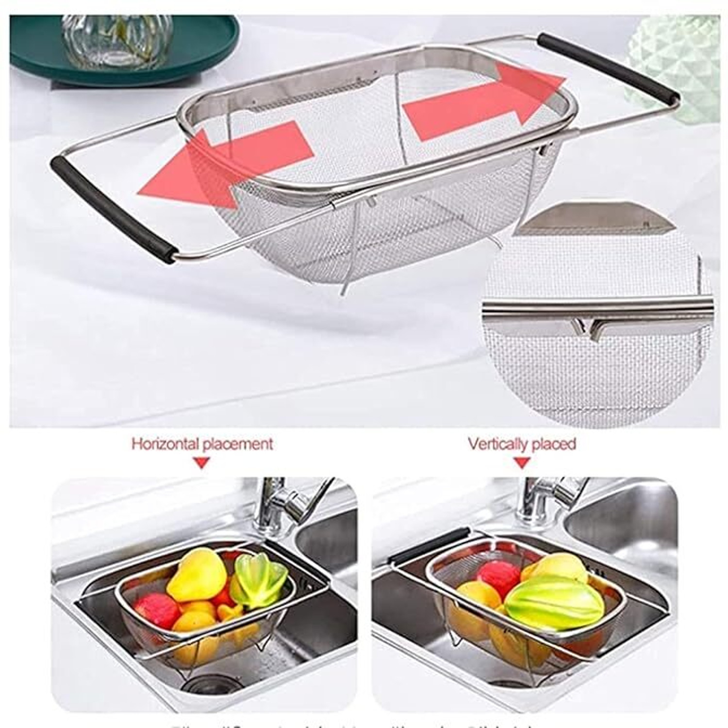 Image of DEALZONE Stainless Steel Sink Colander Strainer Basket for Vegetables Fruits Dishes Collapsible Strainer