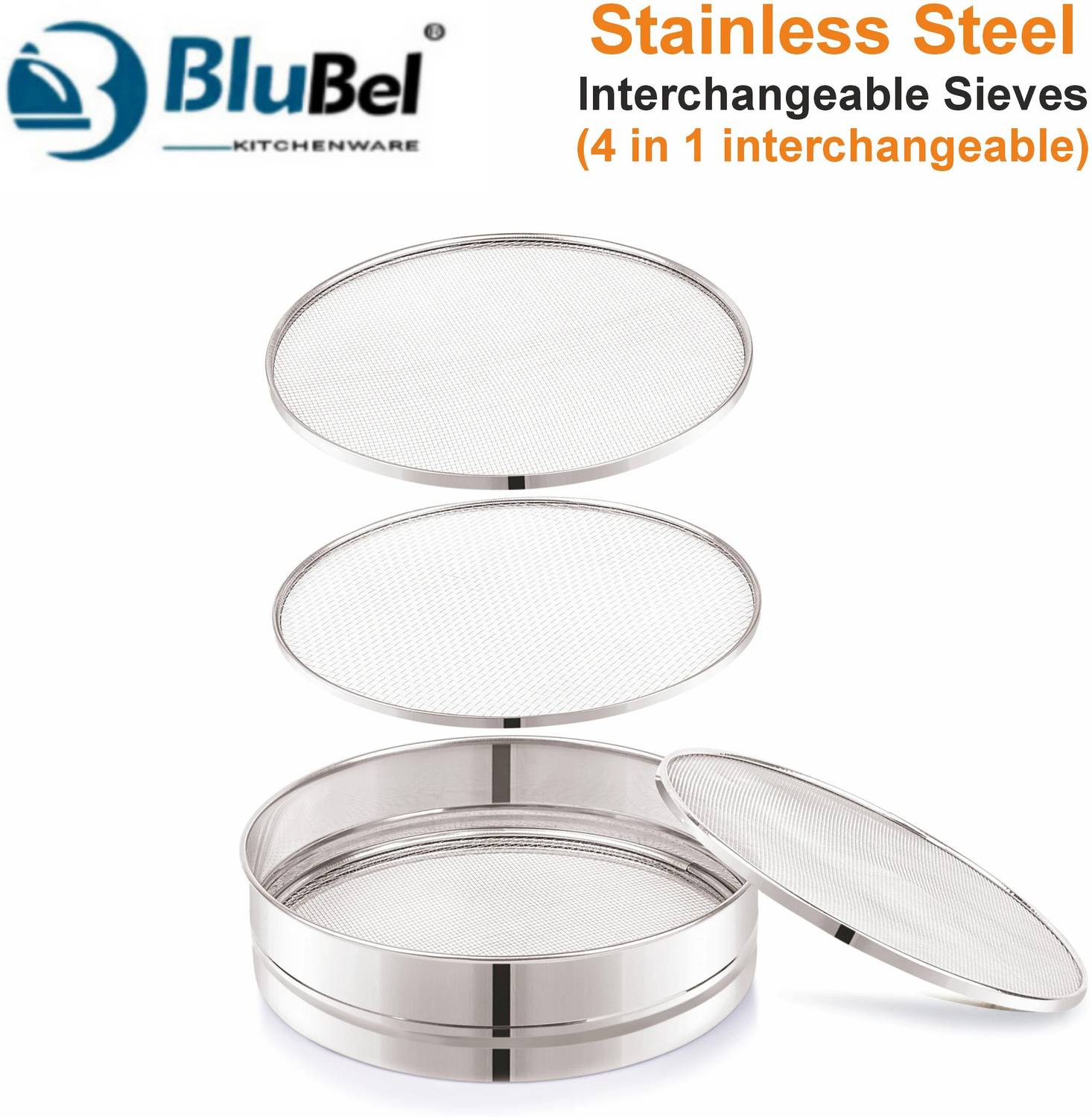 BLUBEL 4 in 1 Interchangeable Stainless Steel Atta Chalni Fine Mesh Flour Strainer Sieve