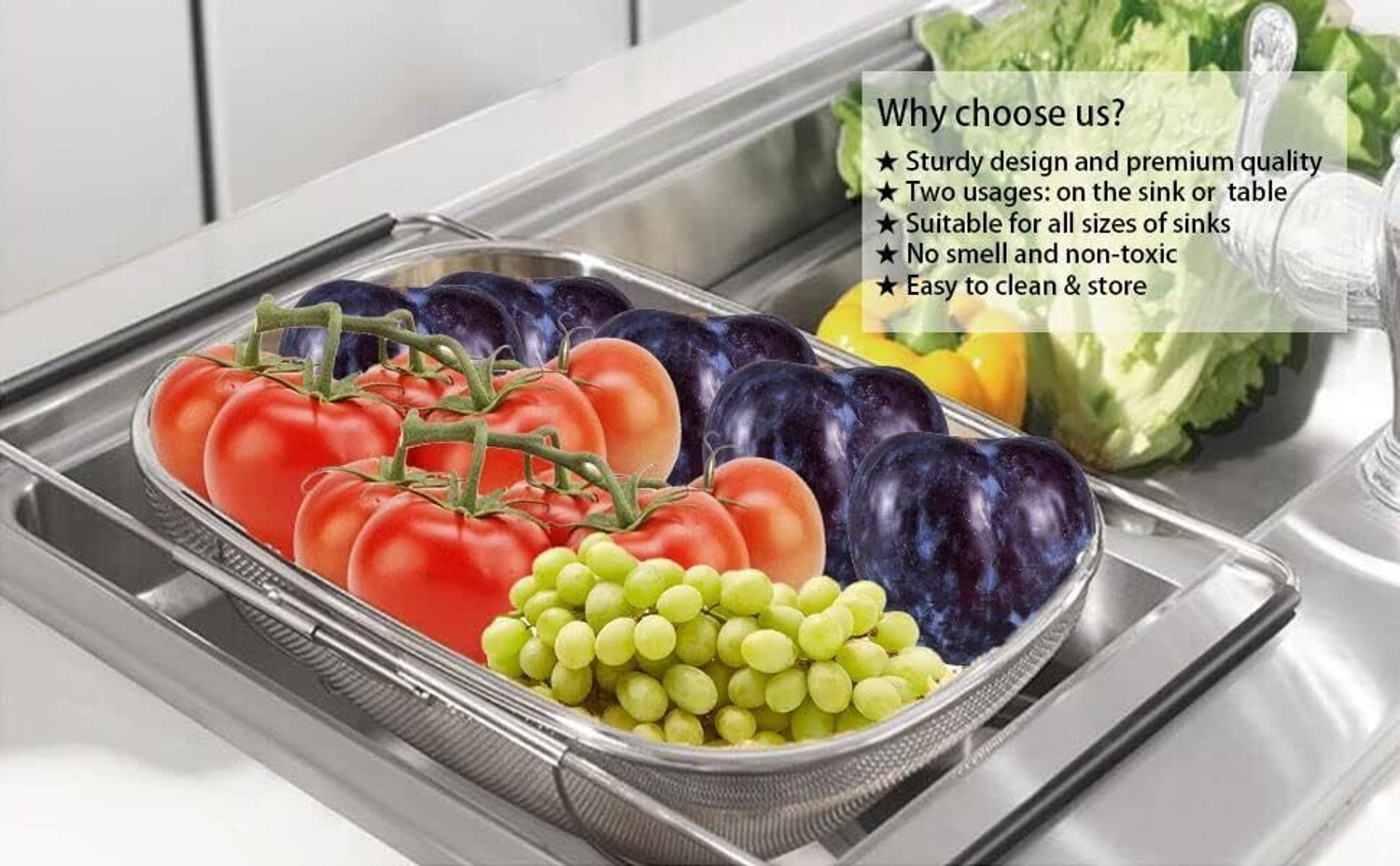 Image of DEALZONE Stainless Steel Sink Colander Strainer Basket for Vegetables Fruits Dishes Collapsible Strainer